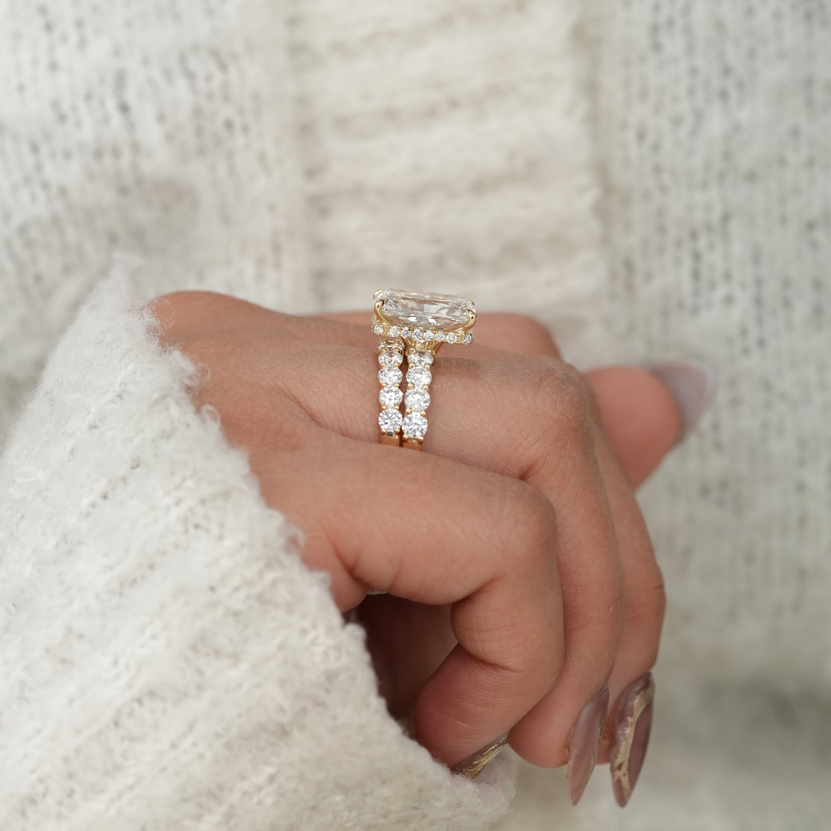 Radiant Cut Lab Diamond Wedding Ring Set with Matching Diamond Band