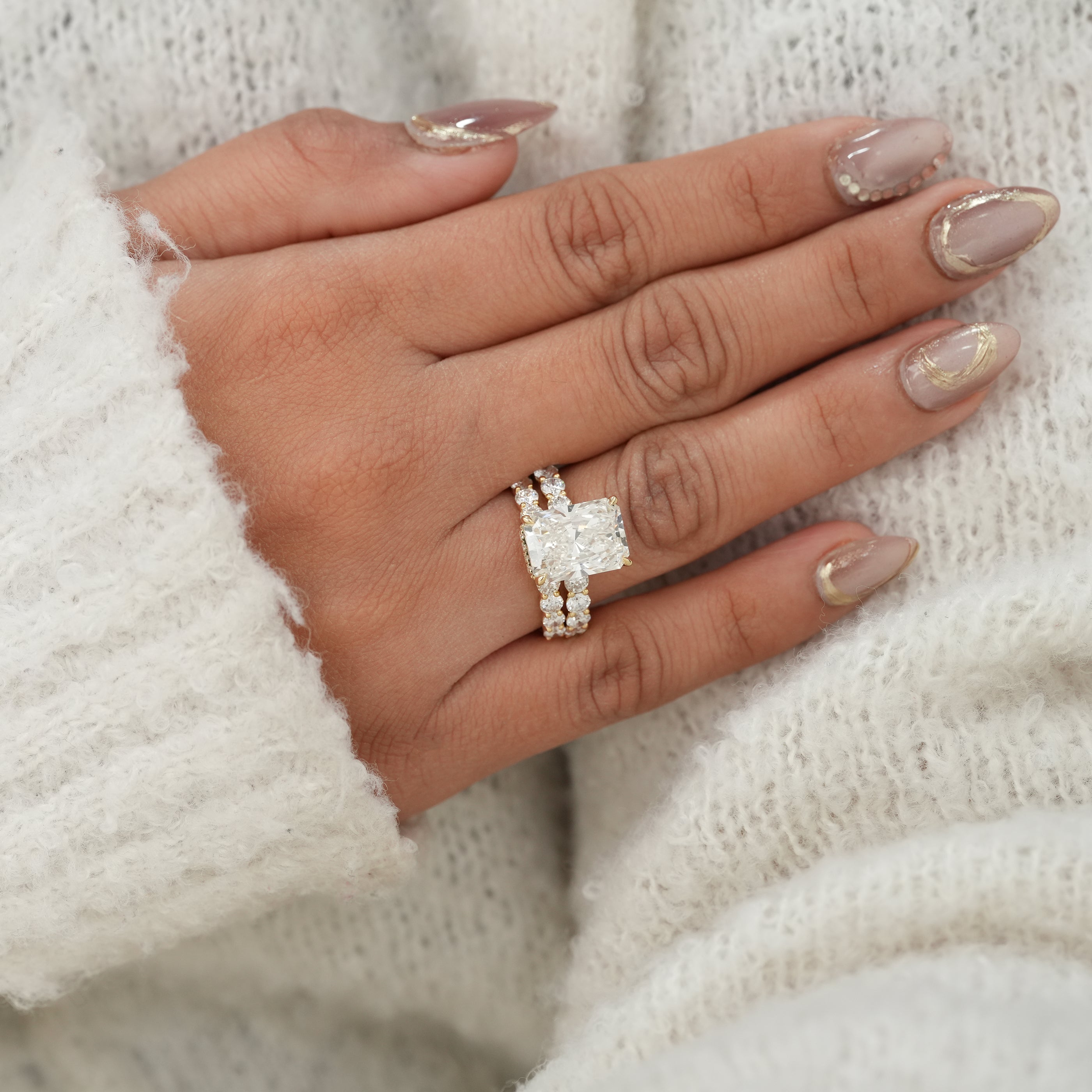 Radiant Cut Lab Diamond Wedding Ring Set with Matching Diamond Band