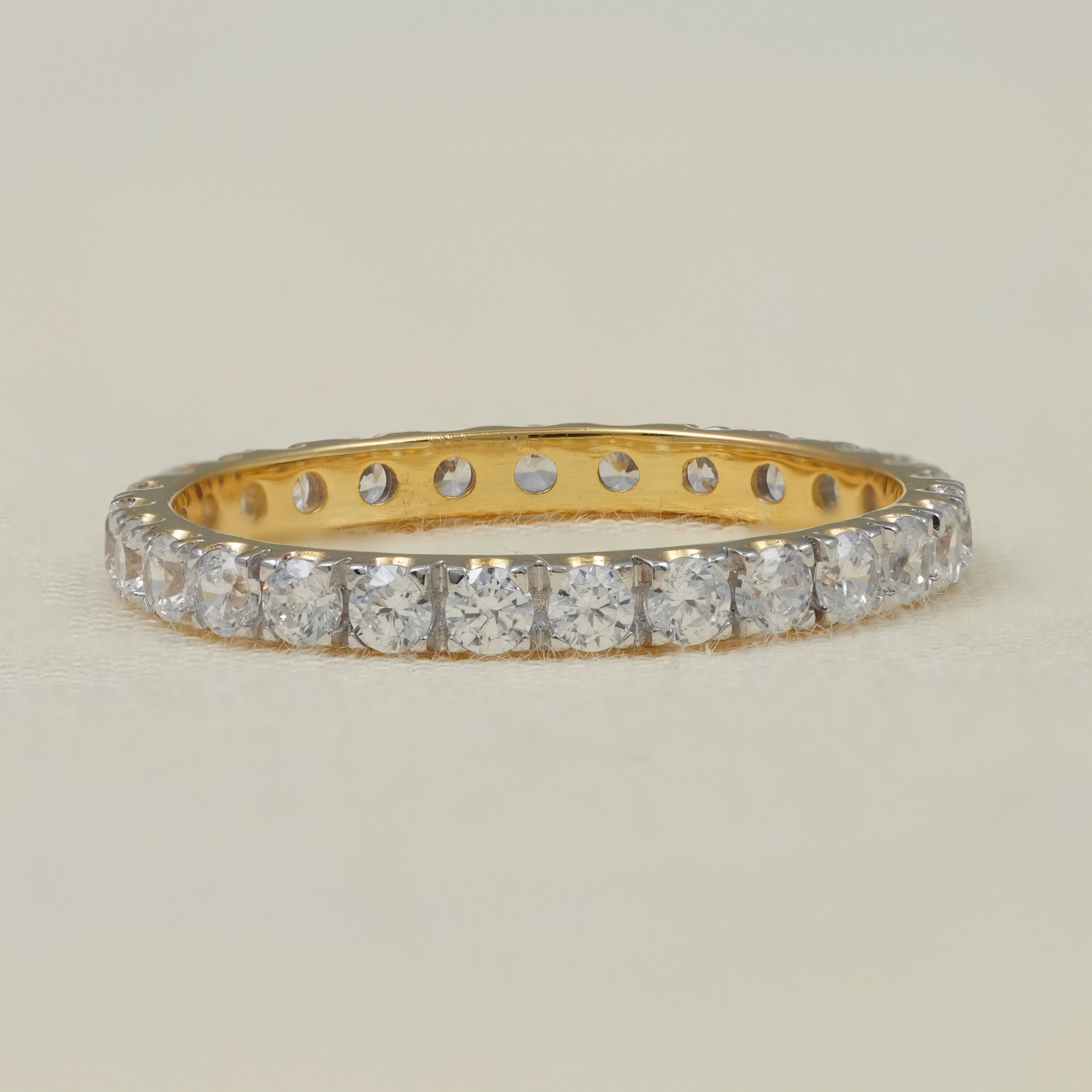 Yellow gold eternity band with round lab grown diamonds
