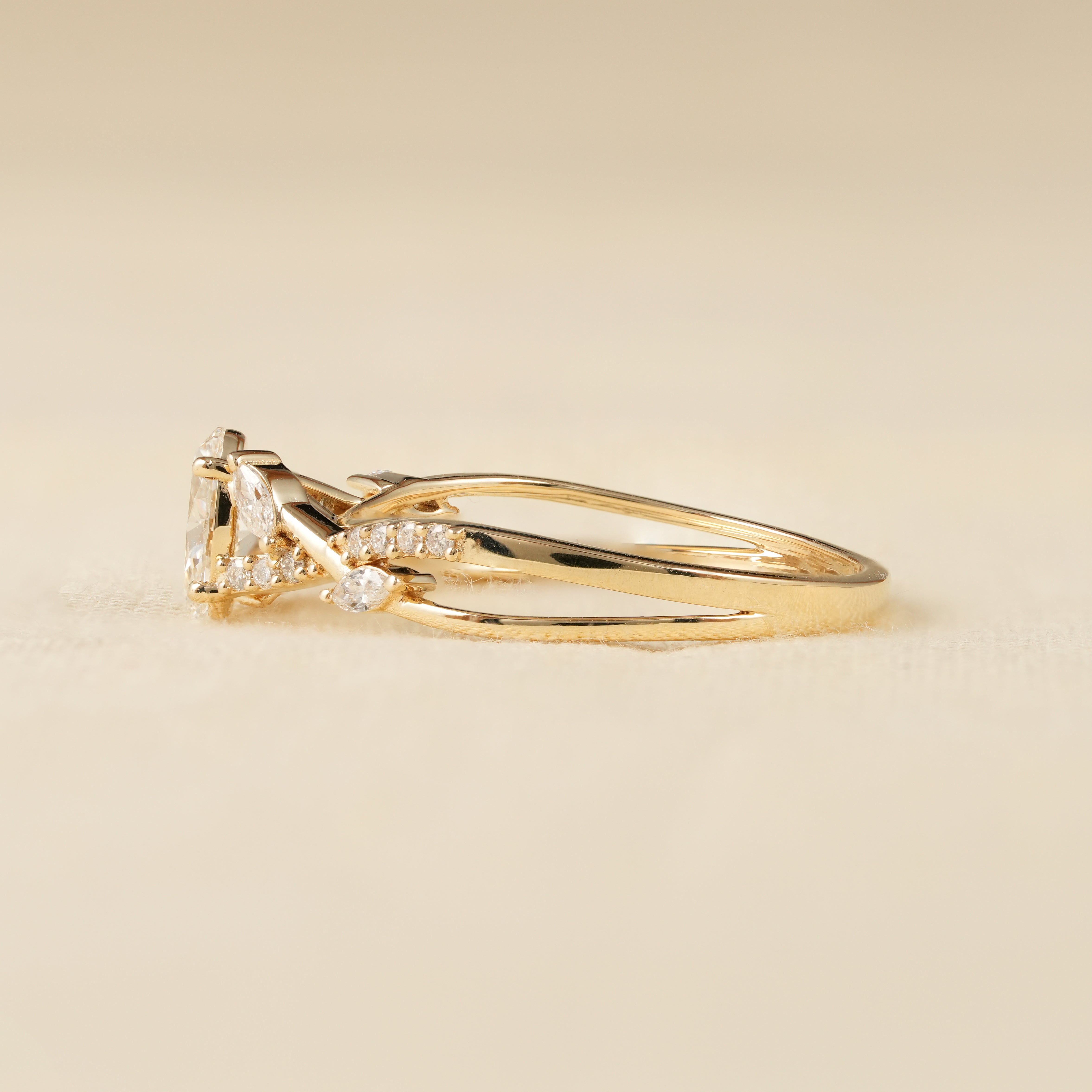 Floral Oval Diamond Engagement Ring with Split Shank Design