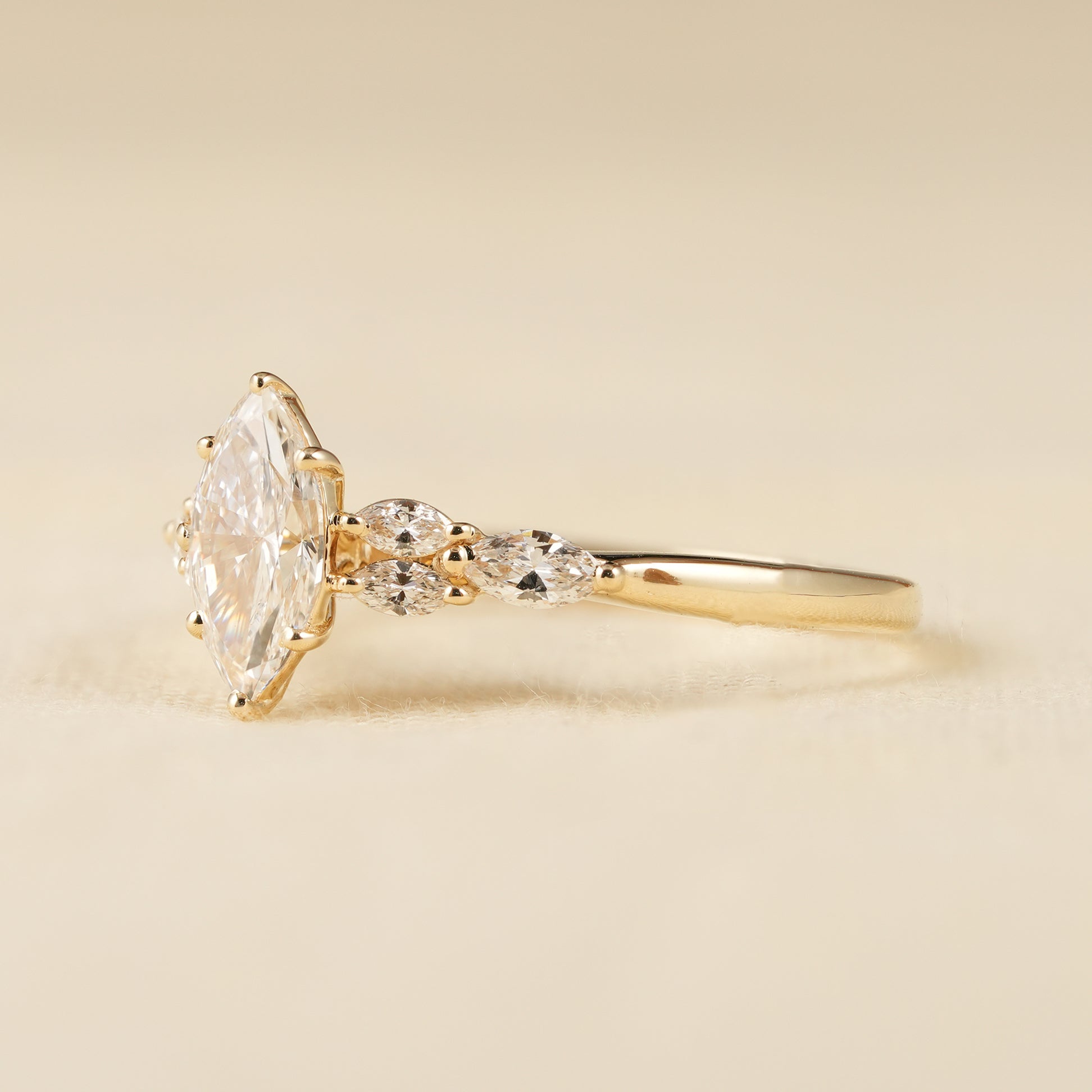 Vintage Inspired Marquise Diamond Ring with Cluster Diamond Band