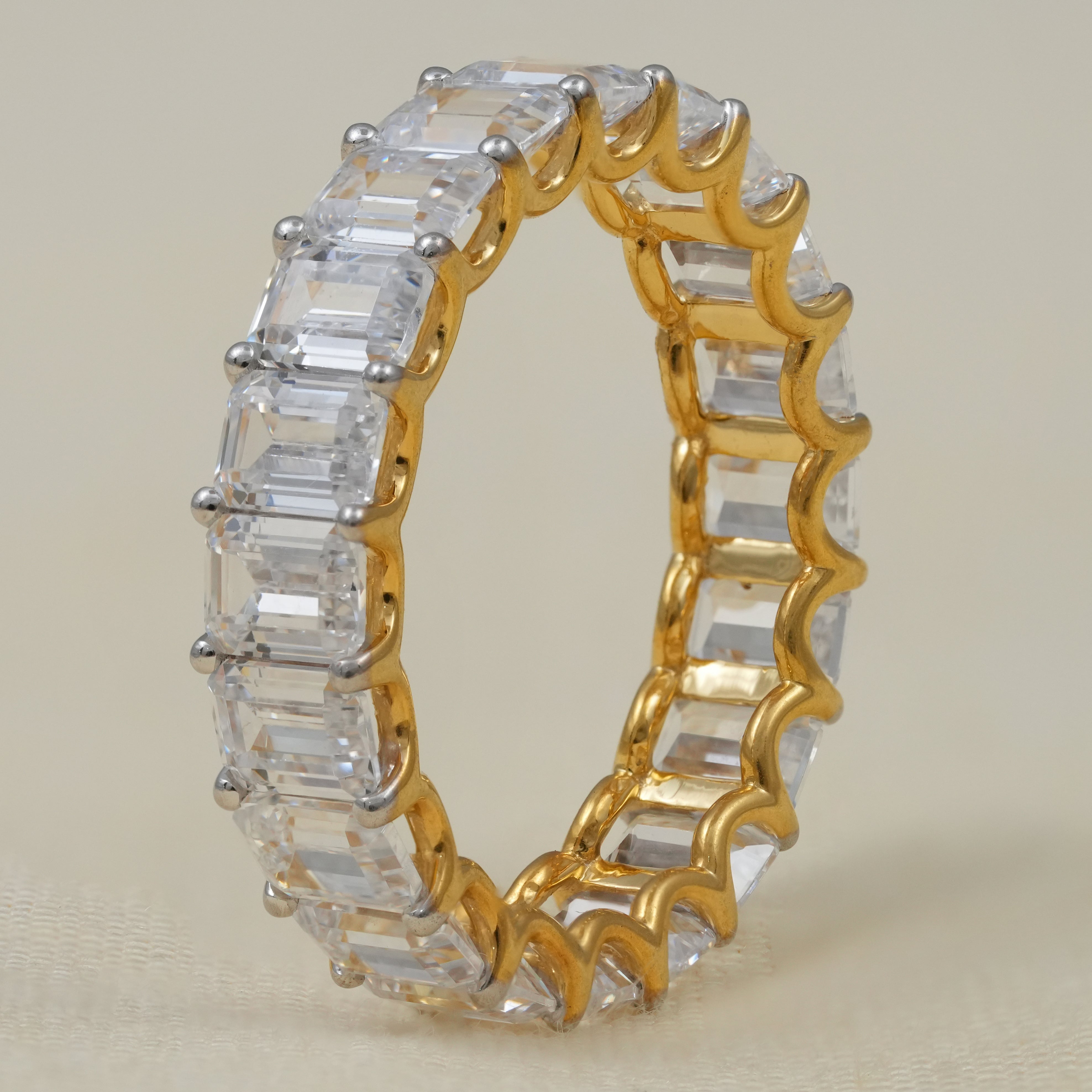Modern yellow gold emerald cut lab grown diamond bridal eternity ring