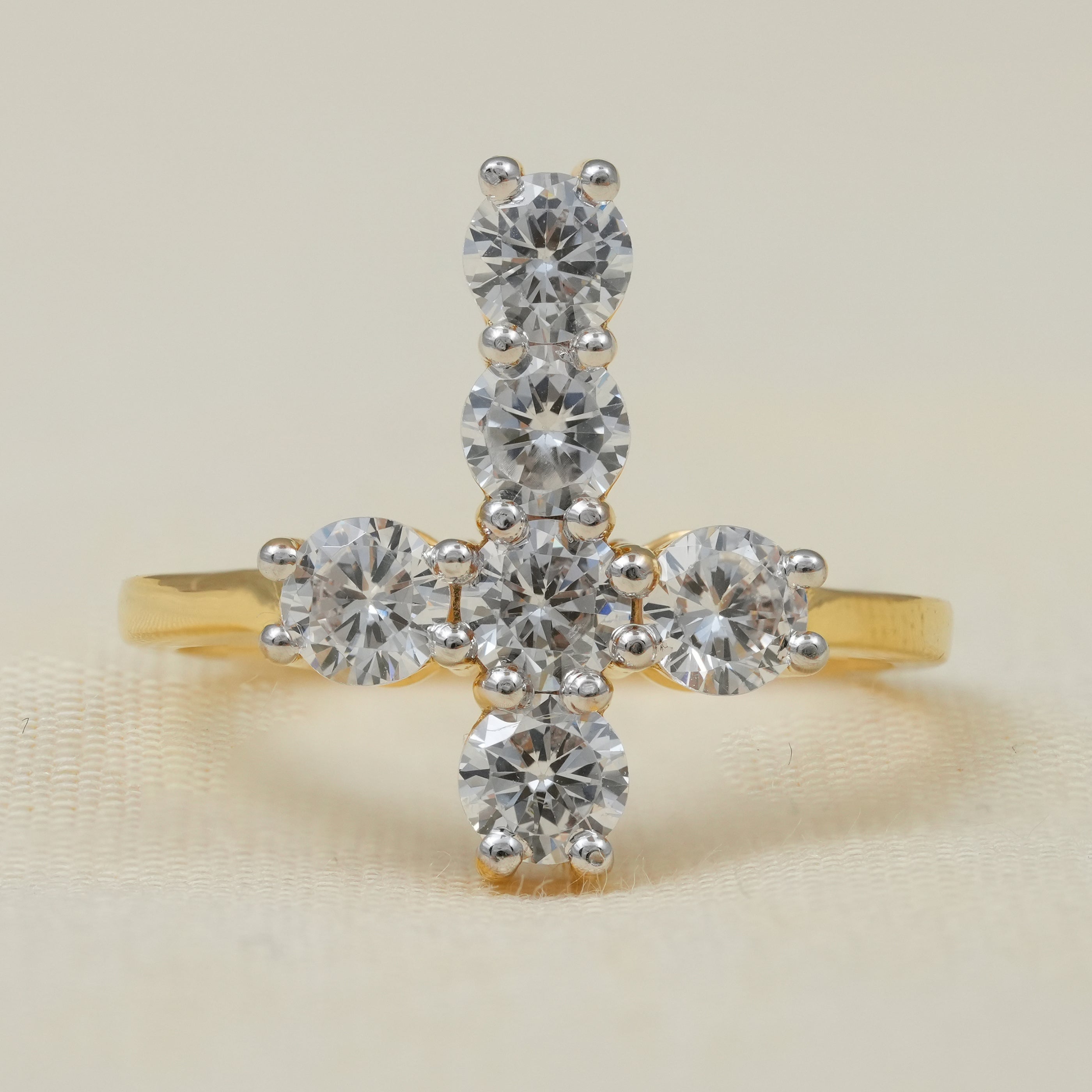Luxury cross shaped lab grown diamond statement ring polished yellow gold