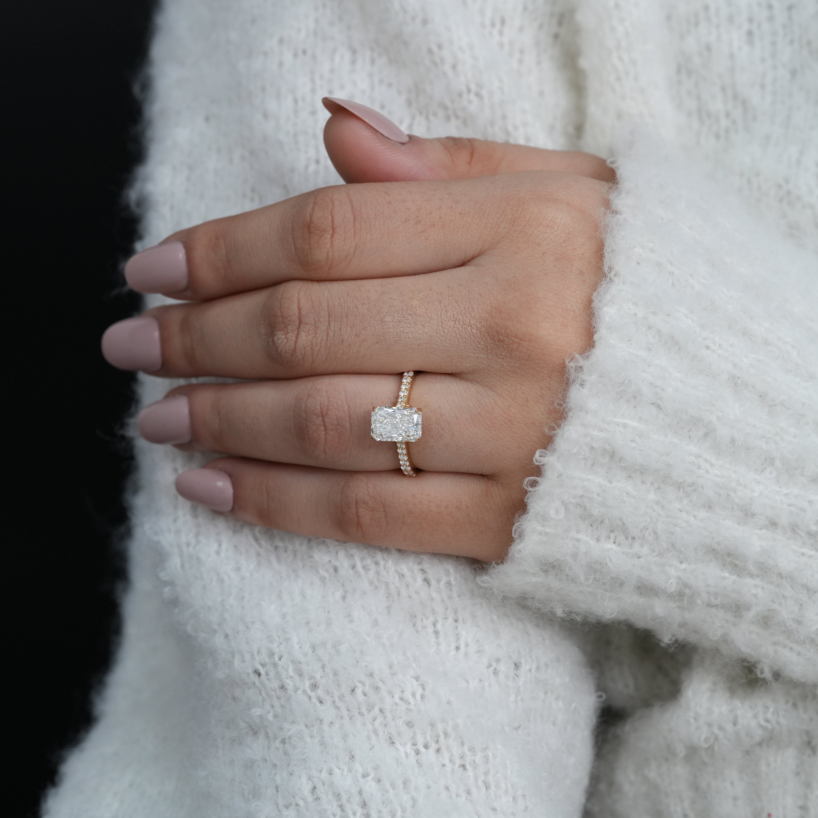 Elegant radiant cut lab grown diamond engagement ring with side sparkle