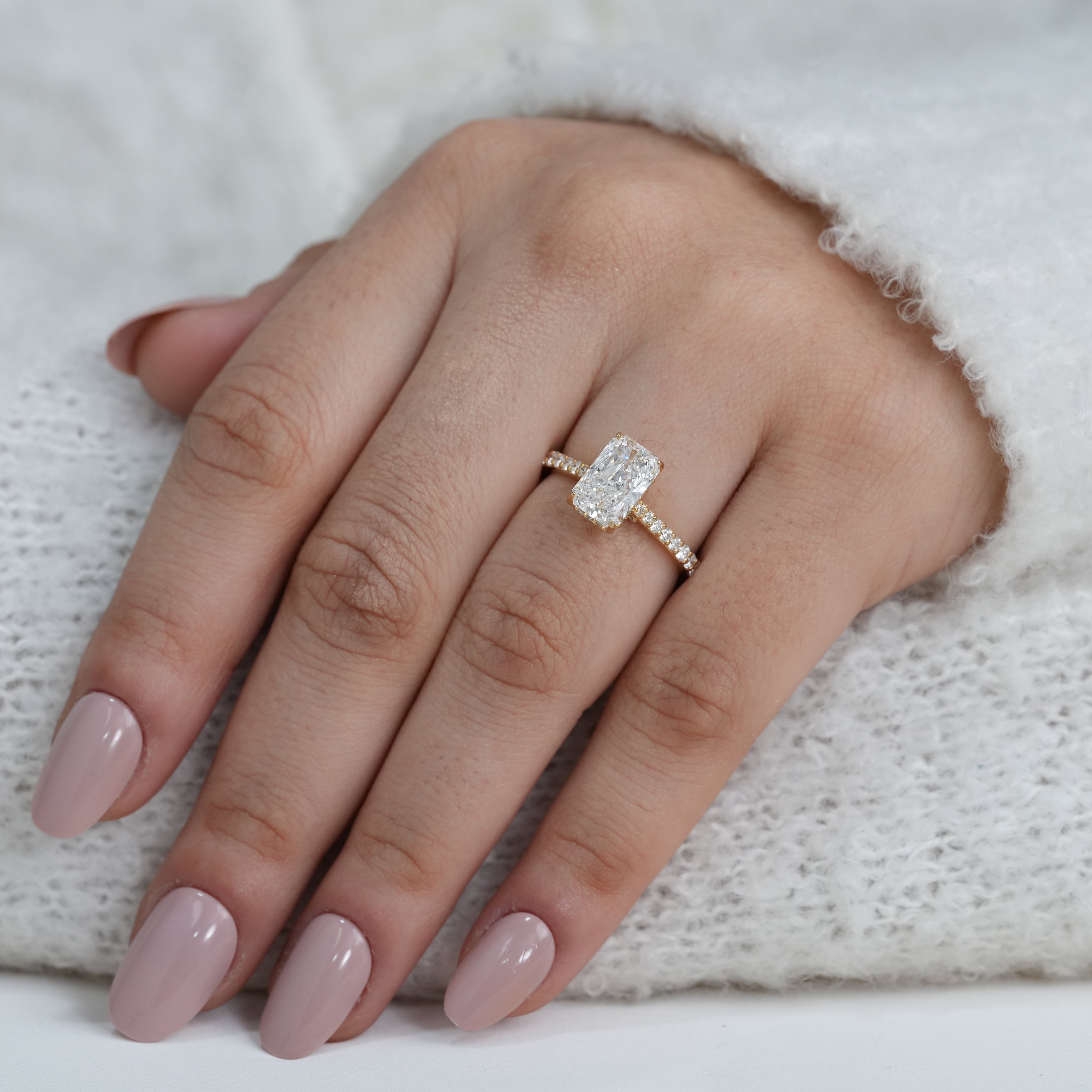 Luxury radiant cut lab grown diamond ring with refined setting