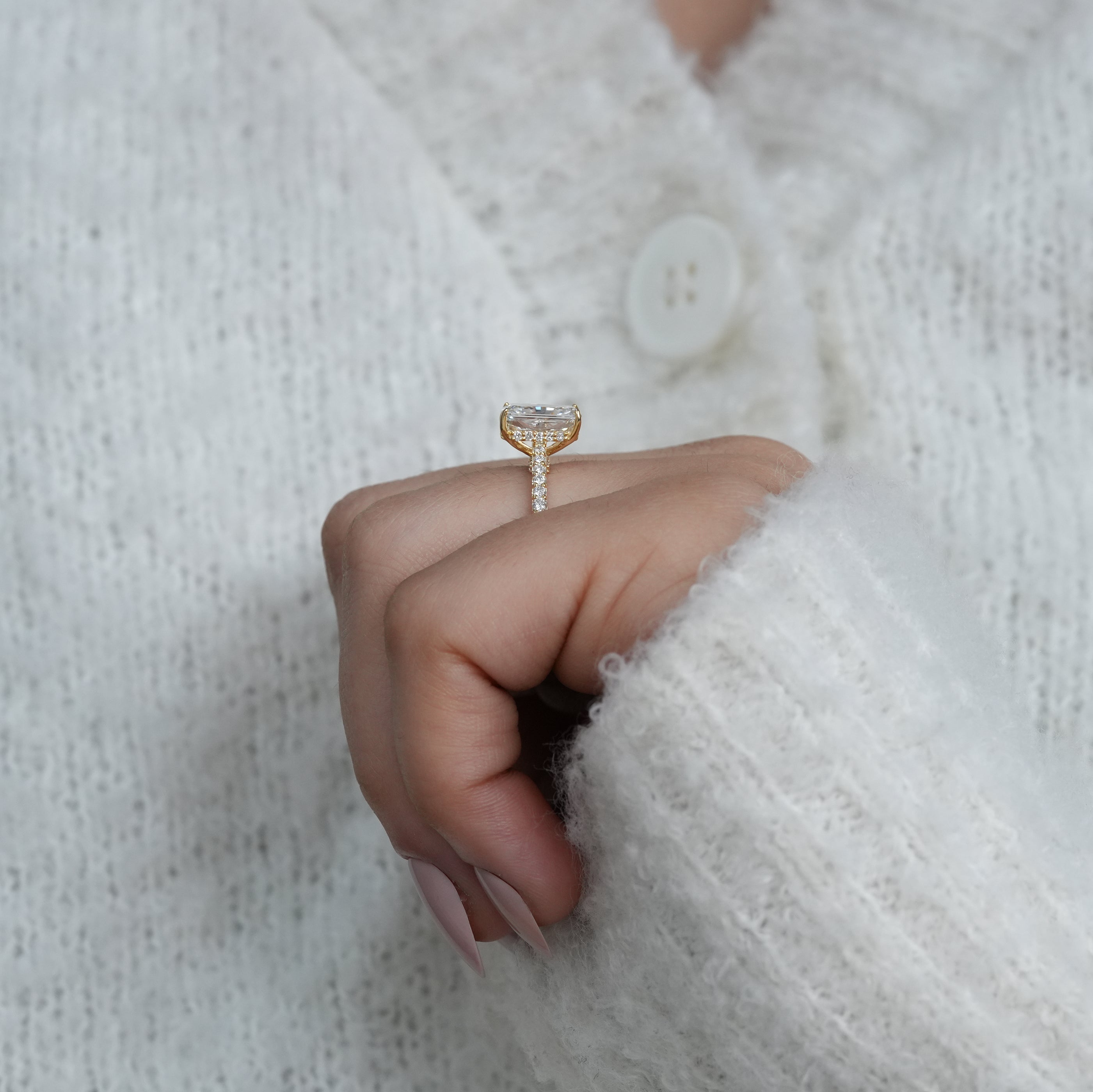 Classic radiant lab grown diamond engagement ring with pavé accents