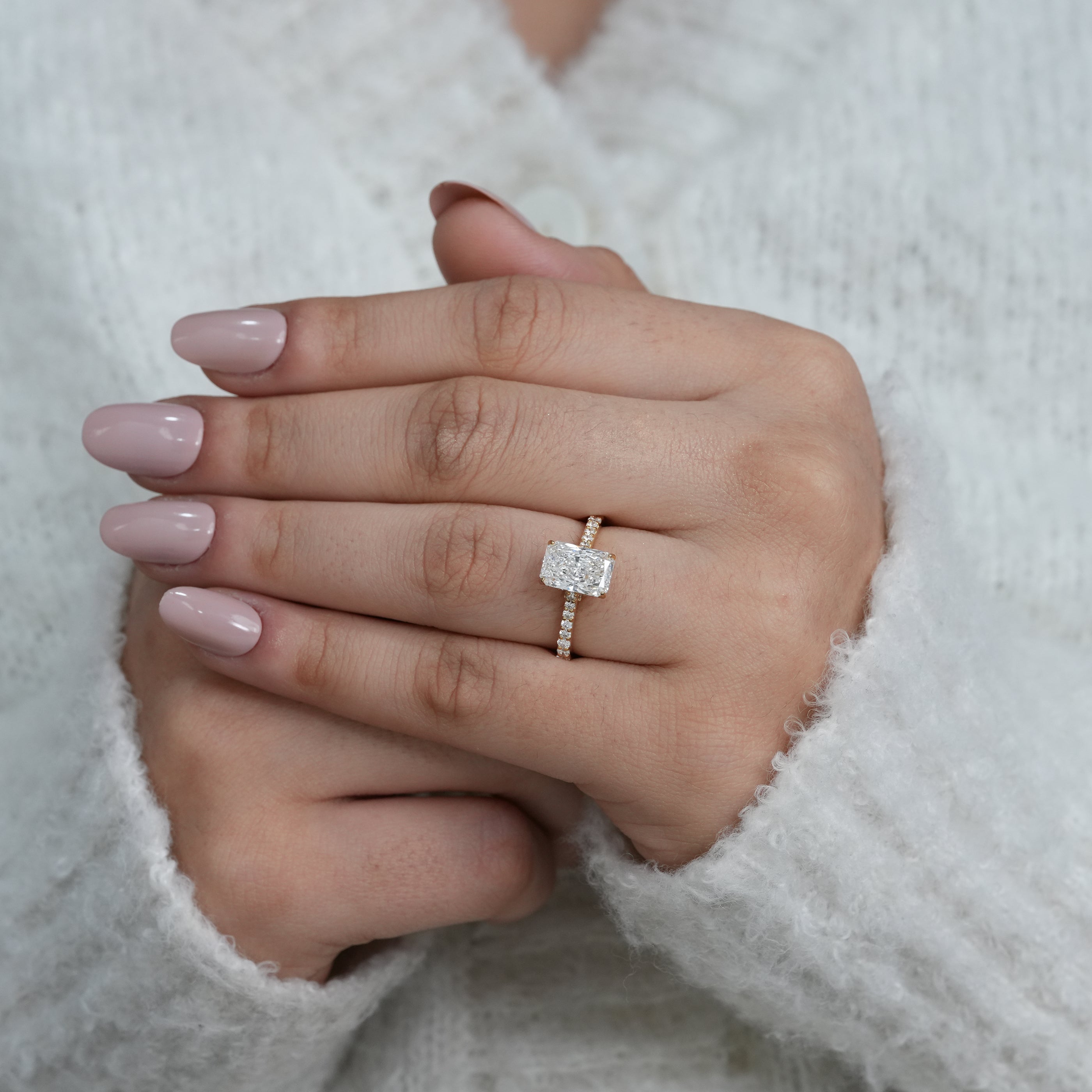Radiant cut lab grown diamond bridal ring in yellow gold