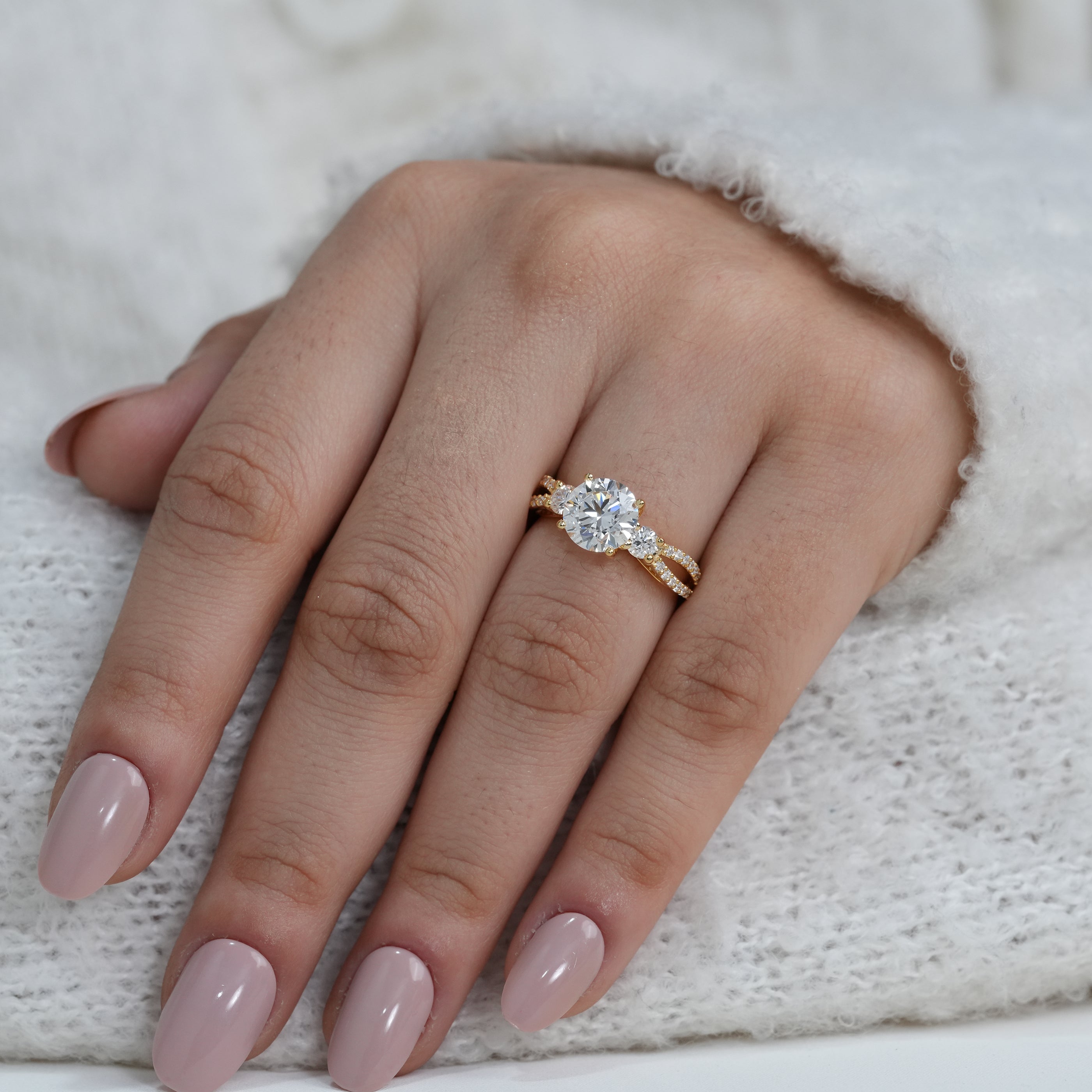 Classic three stone lab grown diamond ring with split shank
