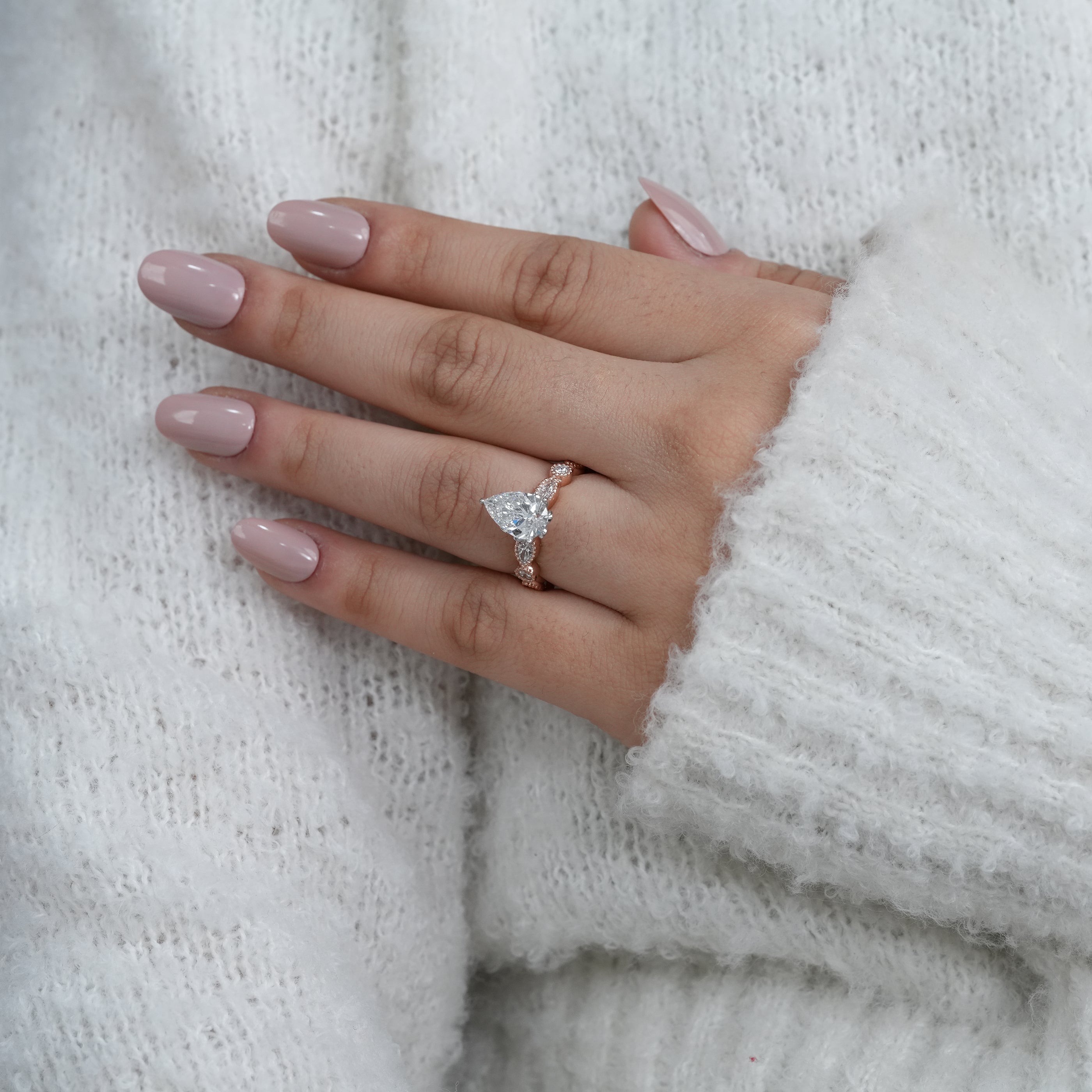 Pear Cut Lab Grown Diamond Milgrain Bridal Ring Set