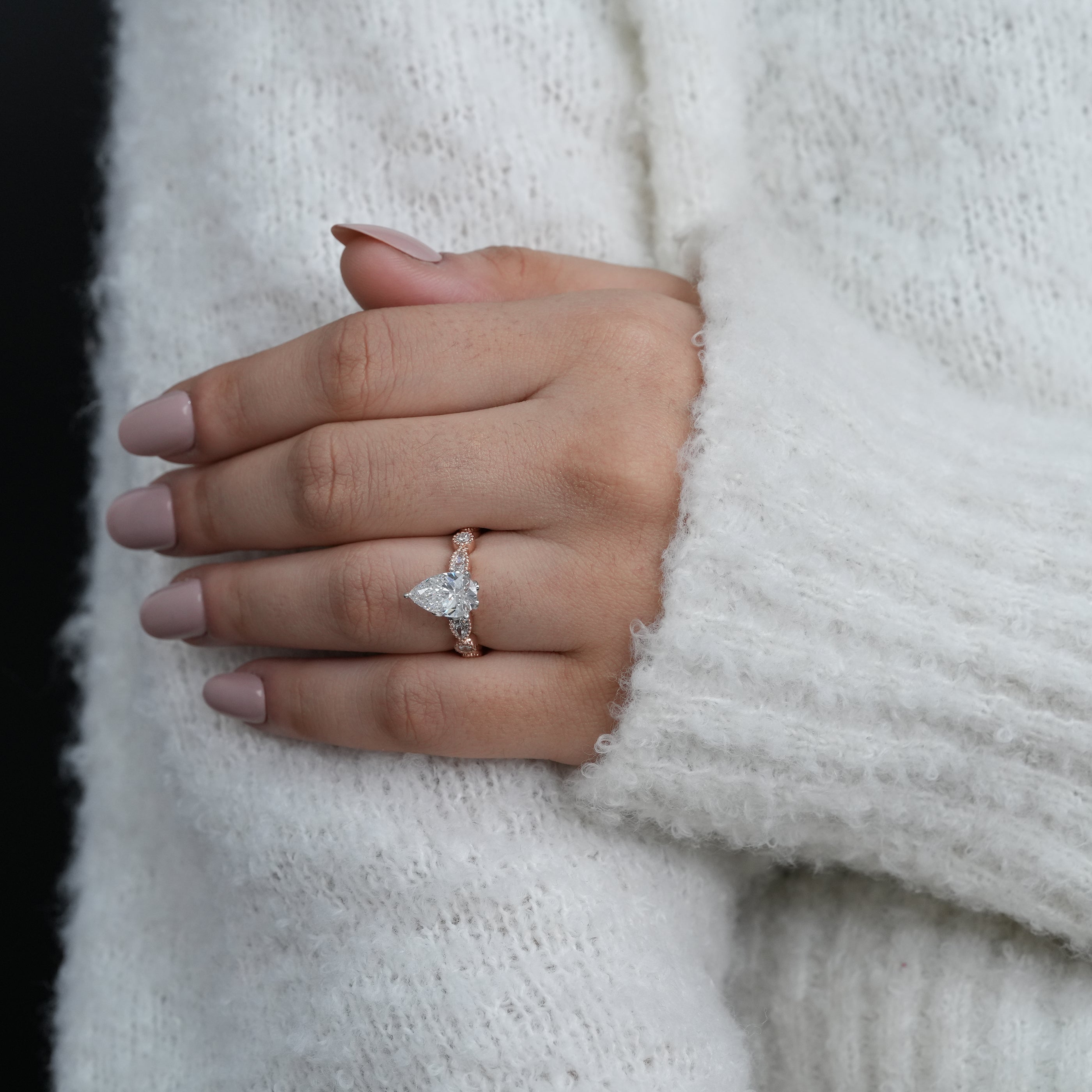Vintage inspired pear lab grown diamond ring in rose gold