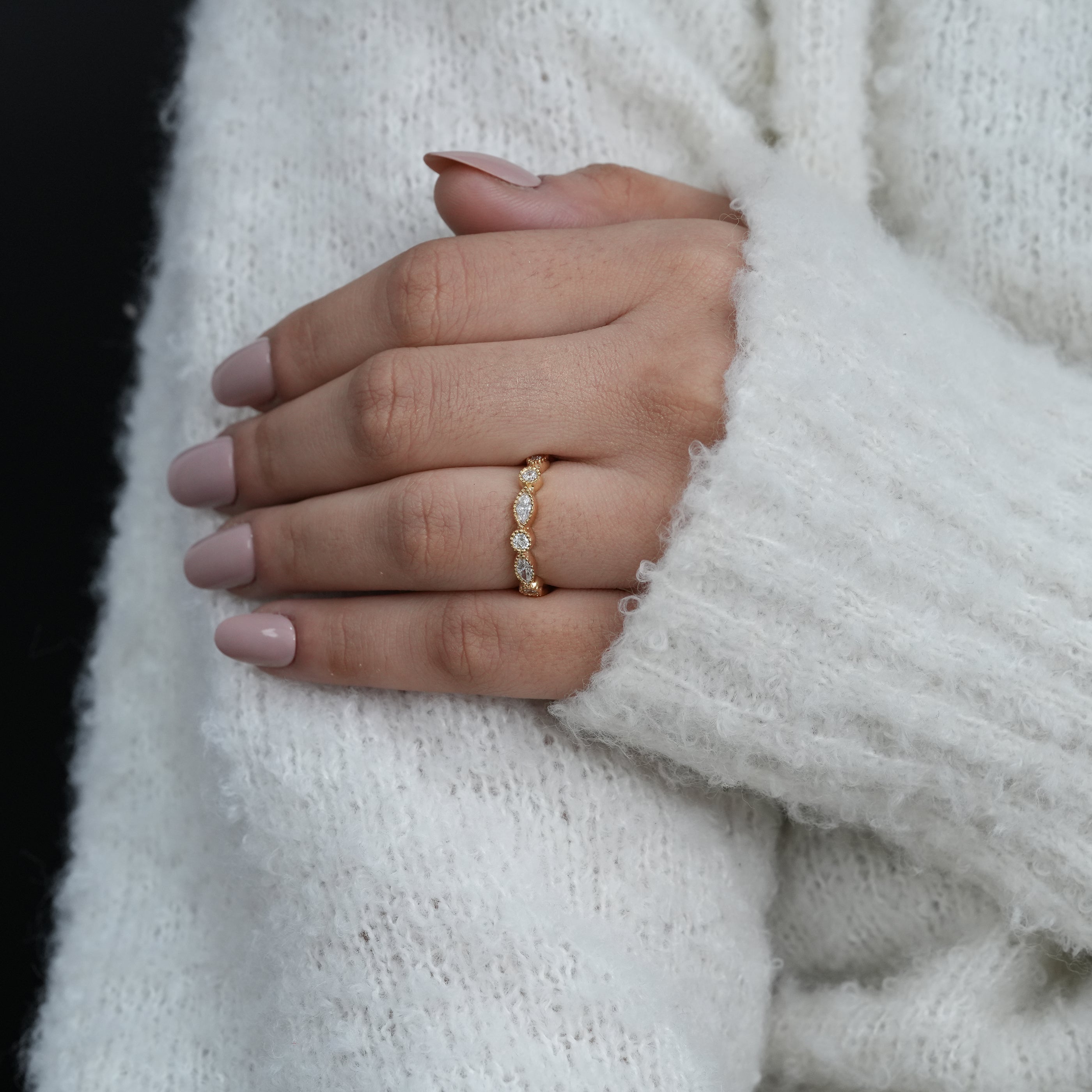 Elegant marquise lab grown diamond half eternity ring in gold
