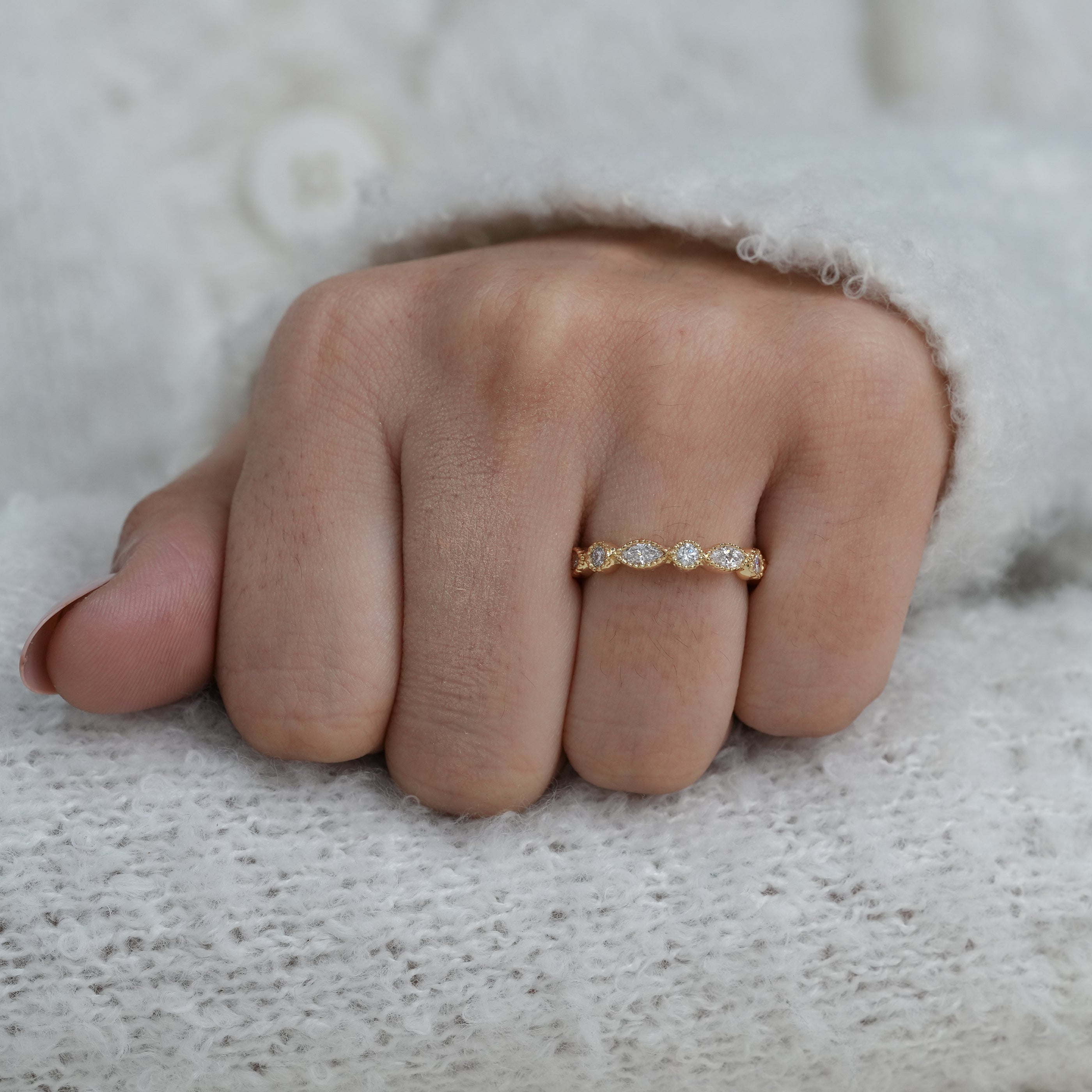 Minimal yellow gold band with marquise lab grown diamond accents