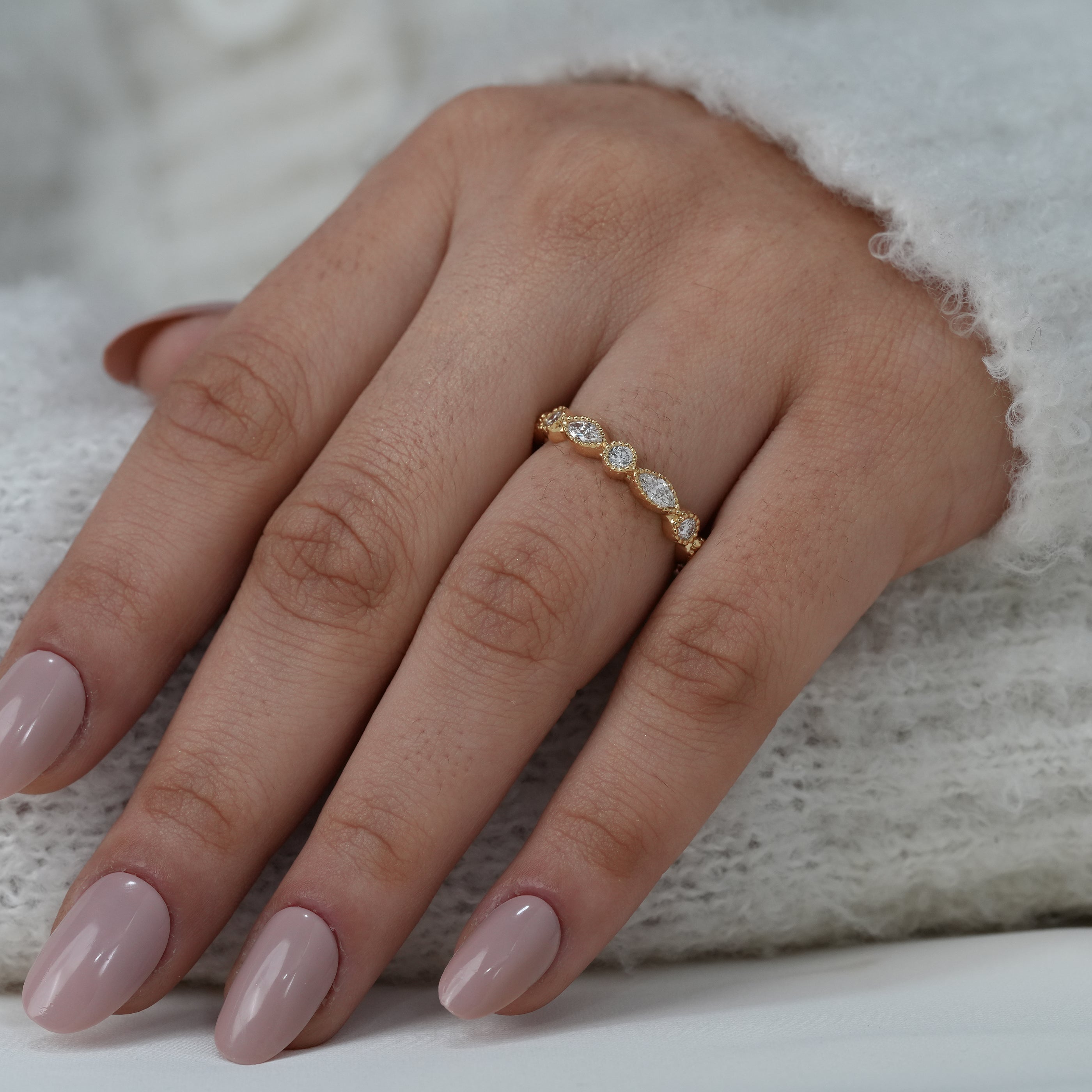 Marquise and round lab grown diamond band with vintage charm