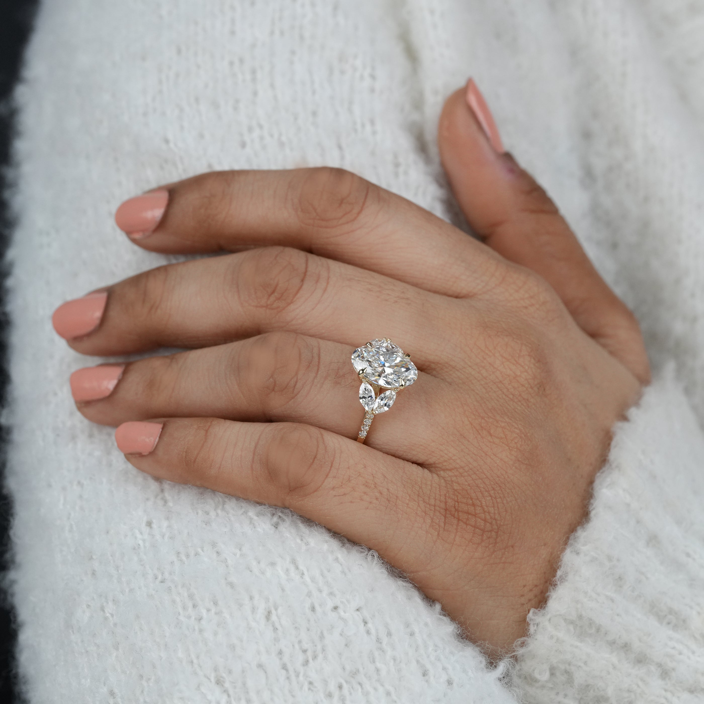 Romantic oval lab grown diamond engagement ring with side stones