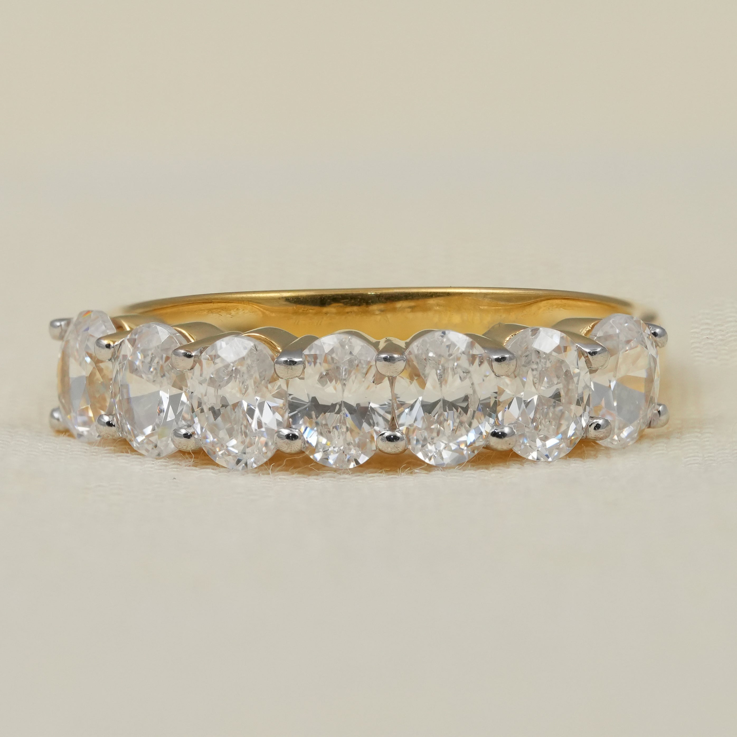Oval lab grown diamond eternity band yellow gold half eternity ring