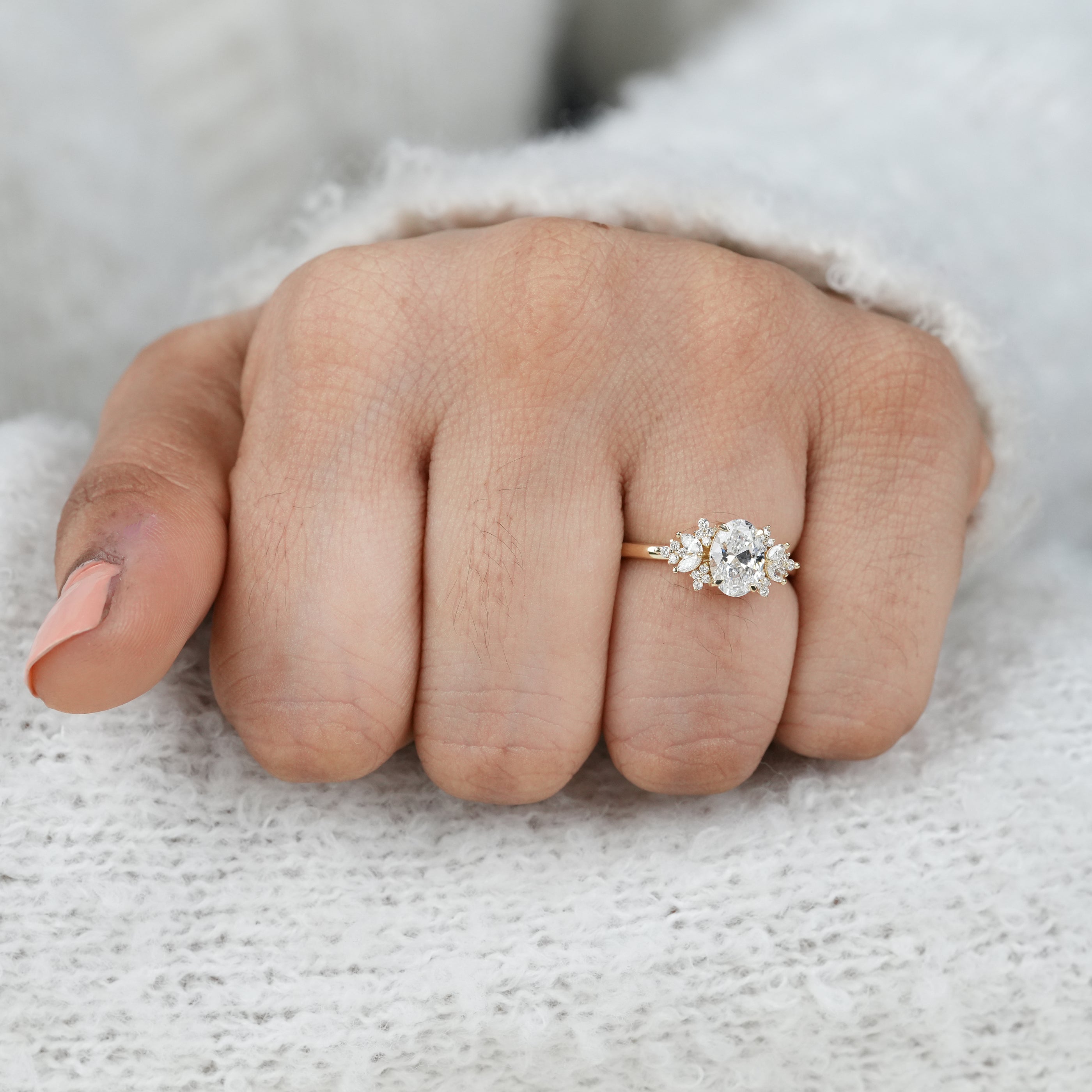 Timeless oval lab grown diamond ring with sparkling floral details