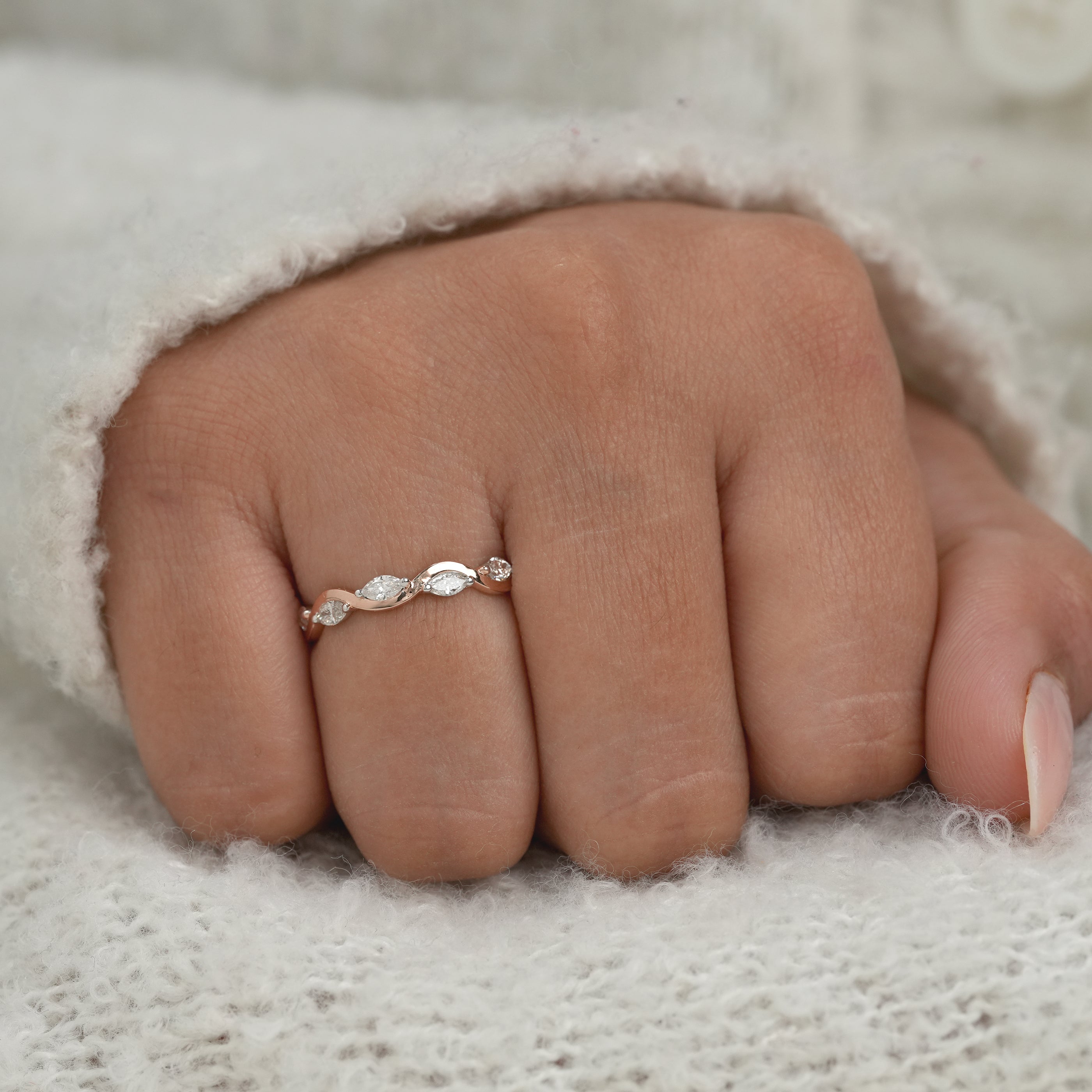 Classic Marquise Lab Diamond Wave Band Wedding Ring