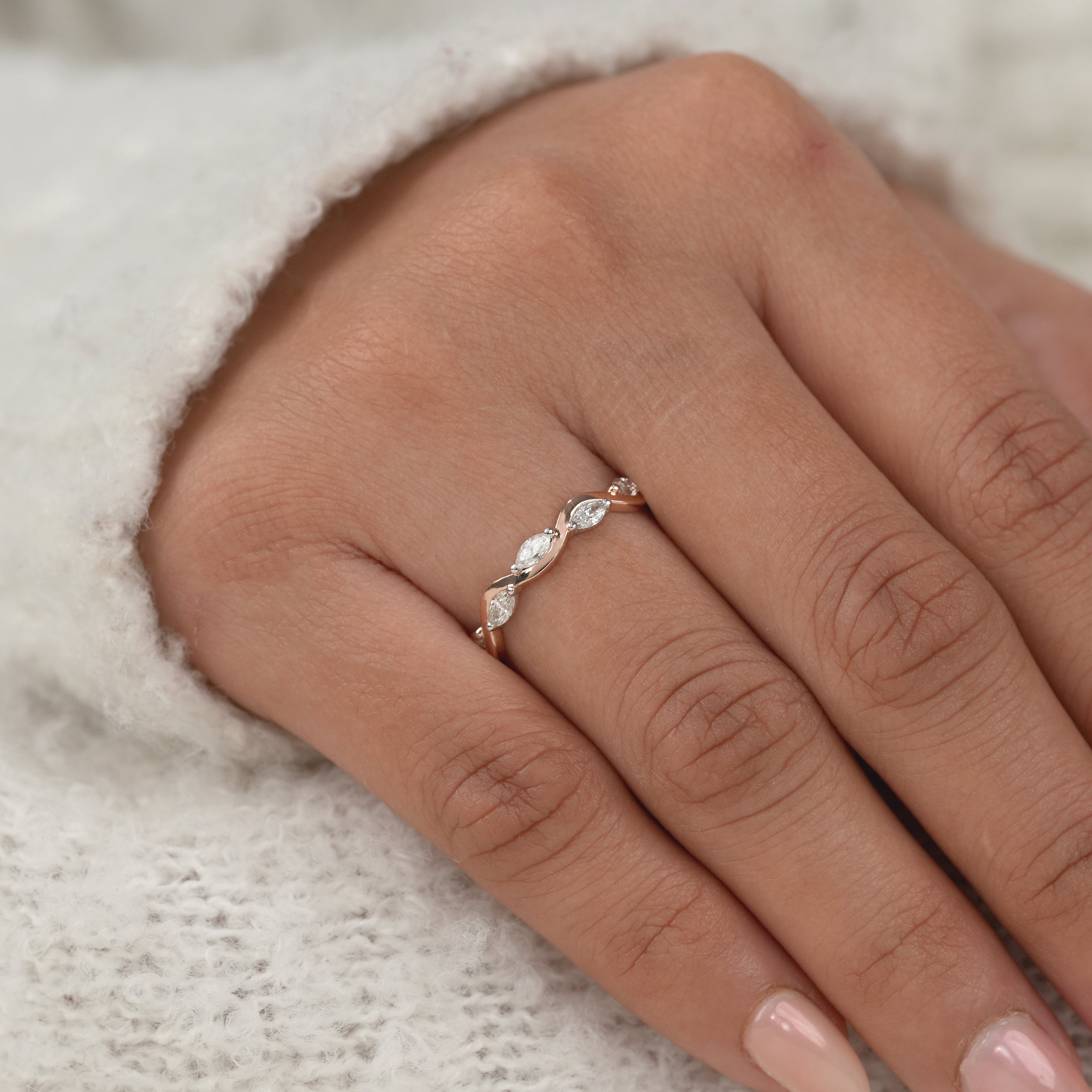 Classic Marquise Lab Diamond Wave Band Wedding Ring