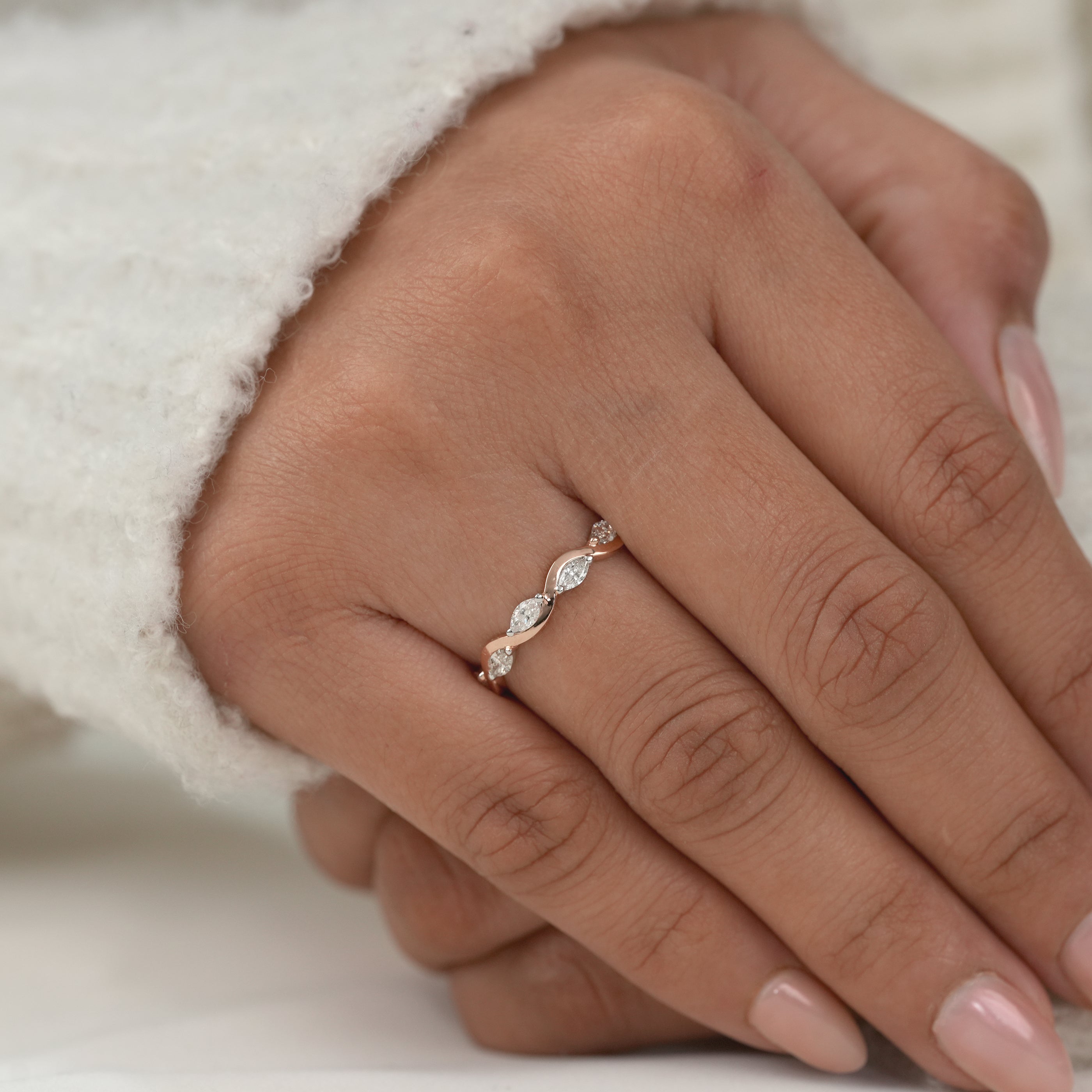 Classic Marquise Lab Diamond Wave Band Wedding Ring
