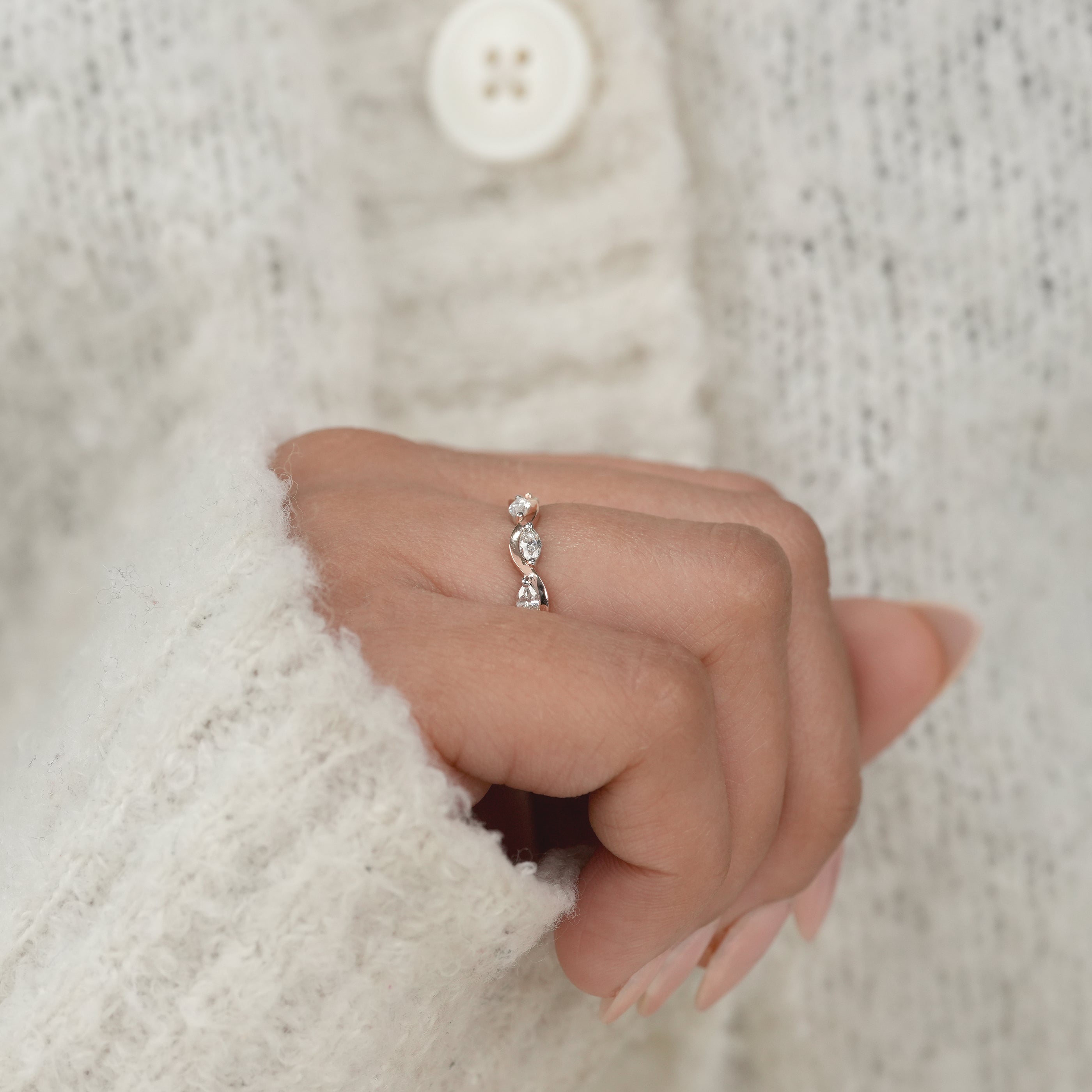 Classic Marquise Lab Diamond Wave Band Wedding Ring