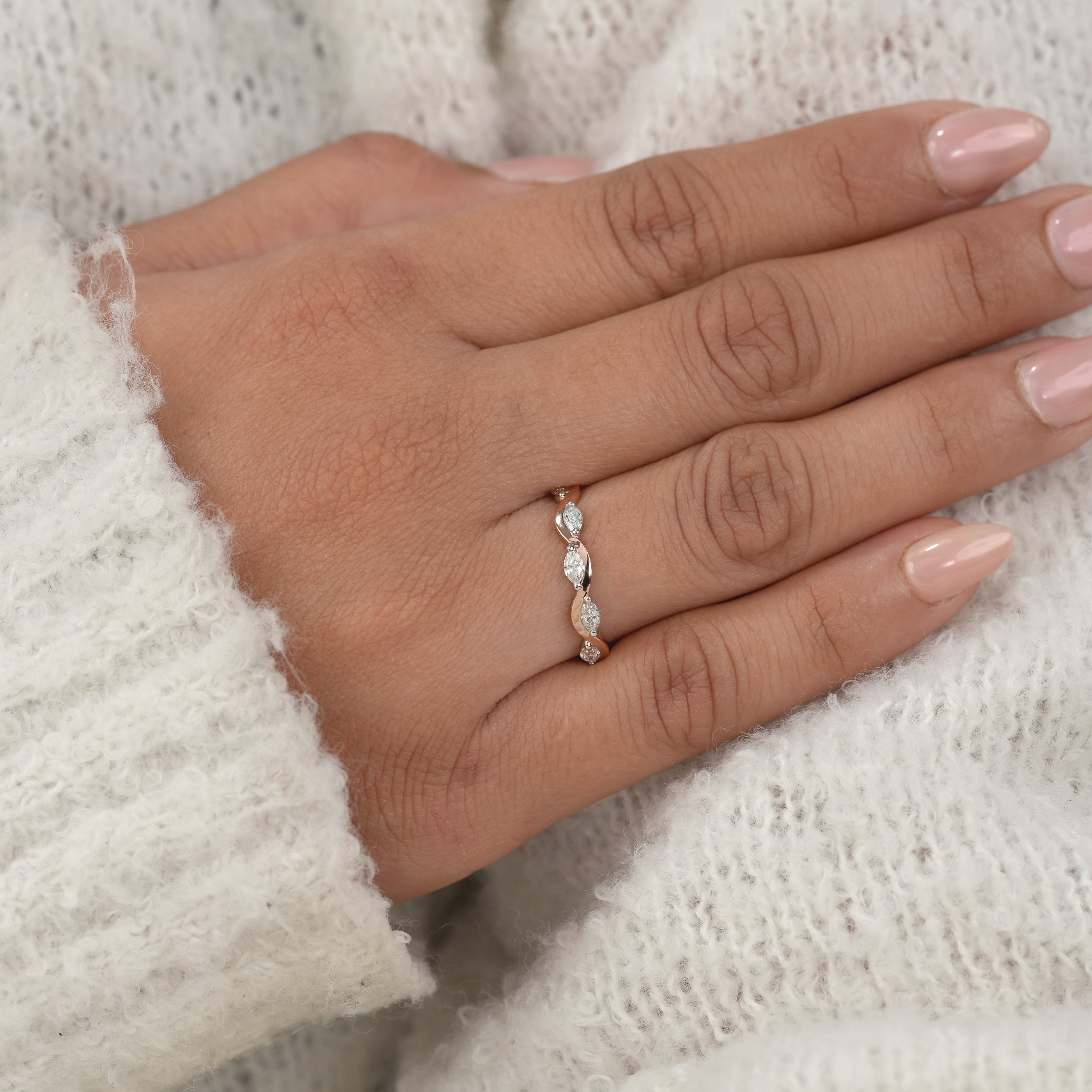 Classic Marquise Lab Diamond Wave Band Wedding Ring