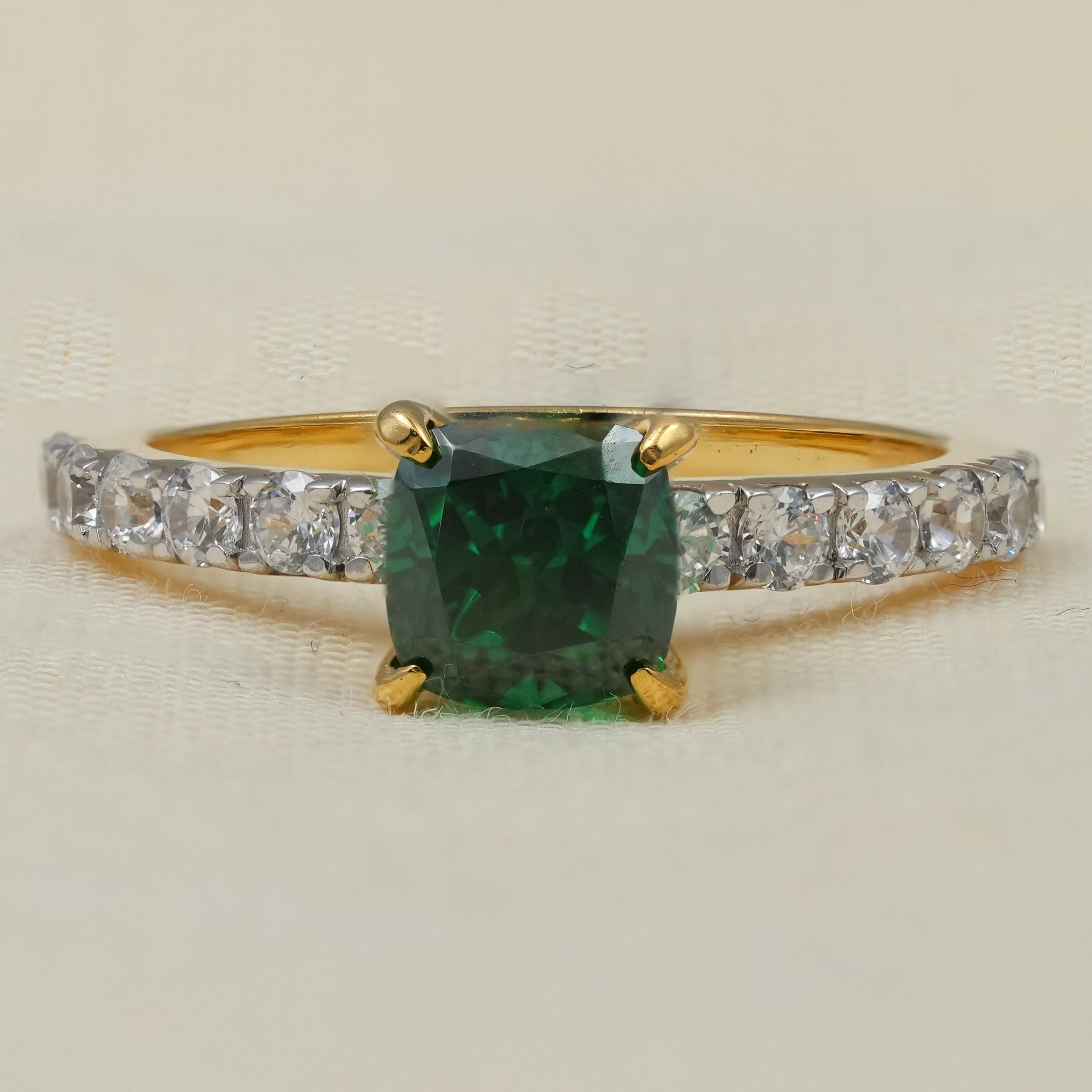 Green cushion lab grown diamond engagement ring with pavé band
