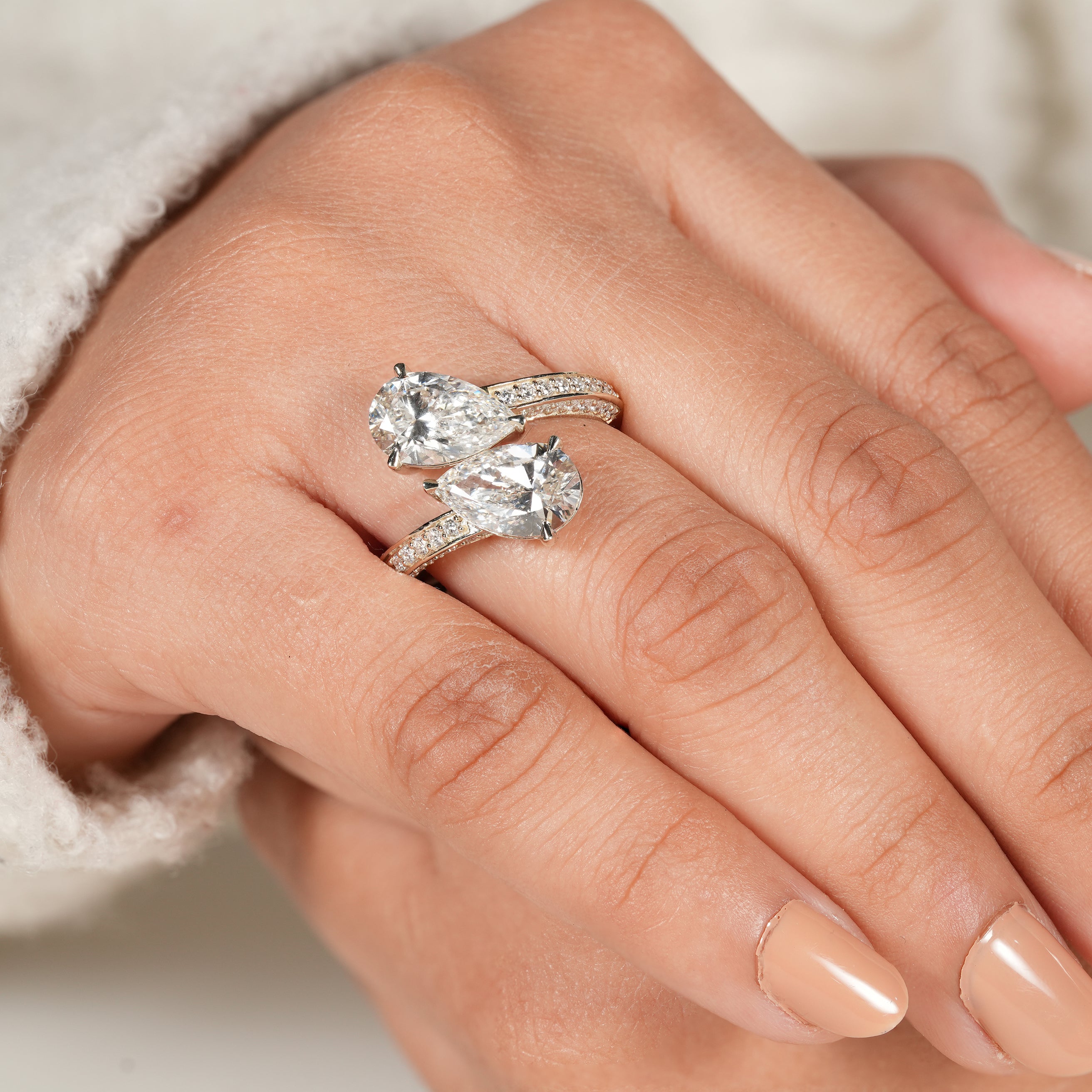 Handmade Pear Lab Diamond Engagement Ring with Split Bypass Design