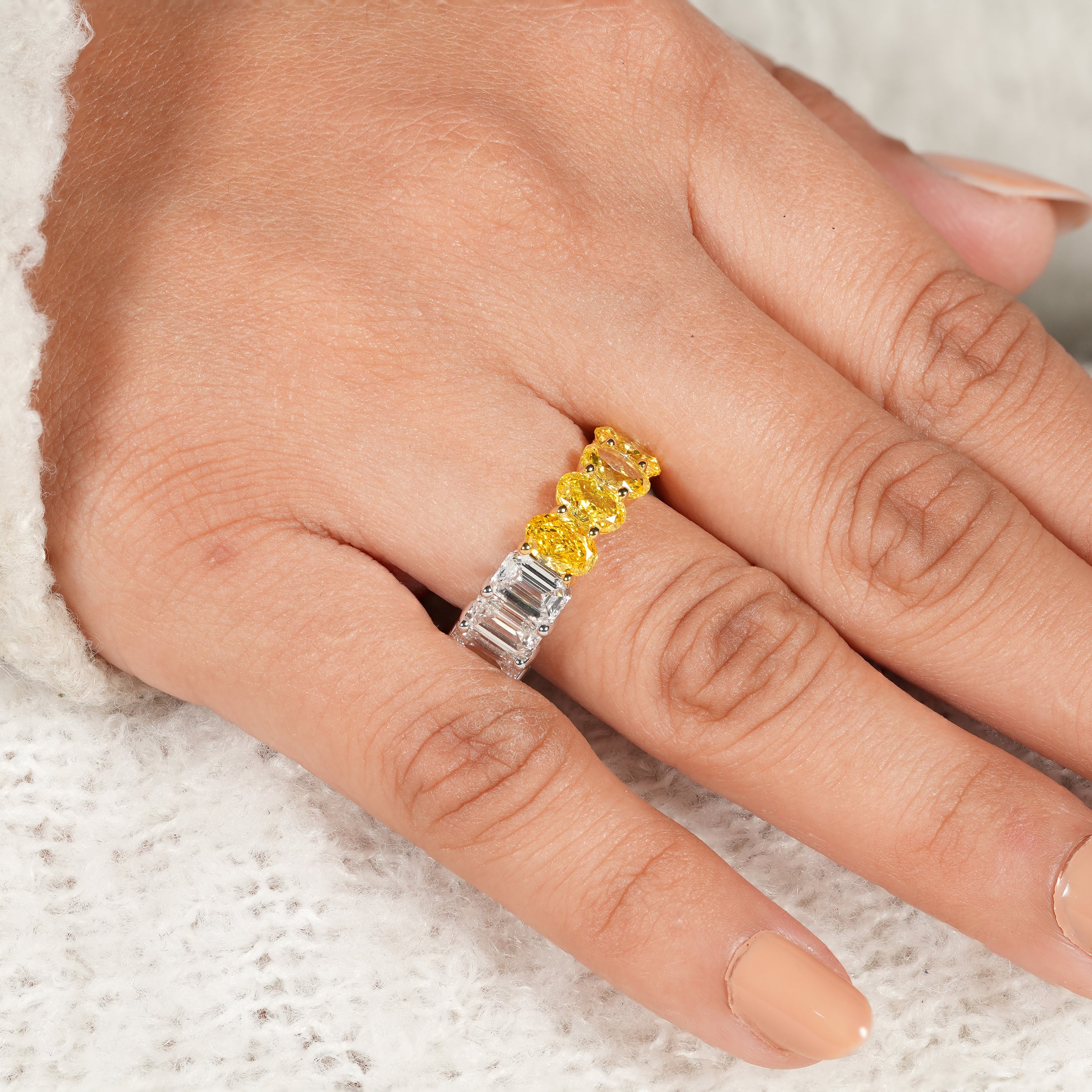 Fancy Yellow Oval Diamond and Emerald Cut Eternity Wedding Ring