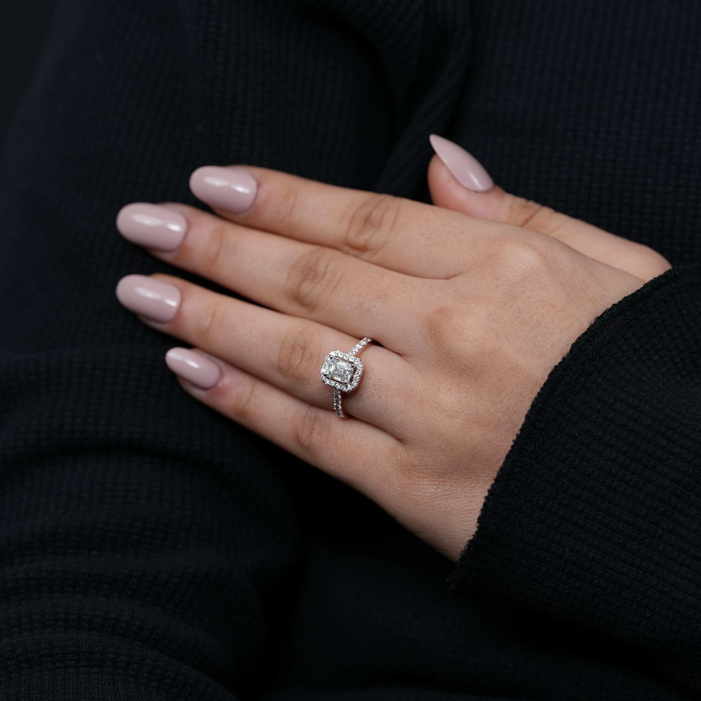 Refined emerald cut halo ring set with sparkling lab grown diamond