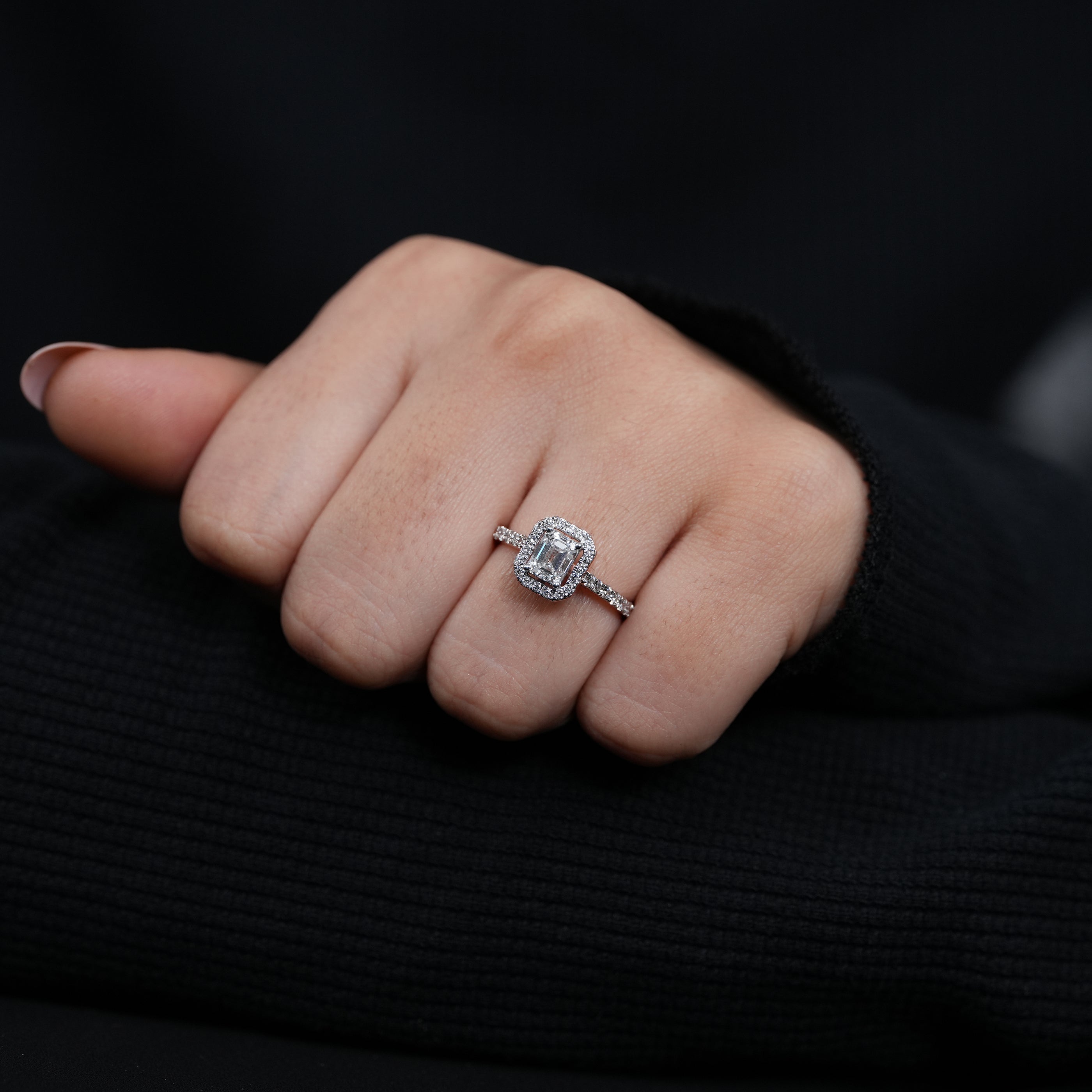Luxury emerald cut halo engagement ring designed with lab grown diamond