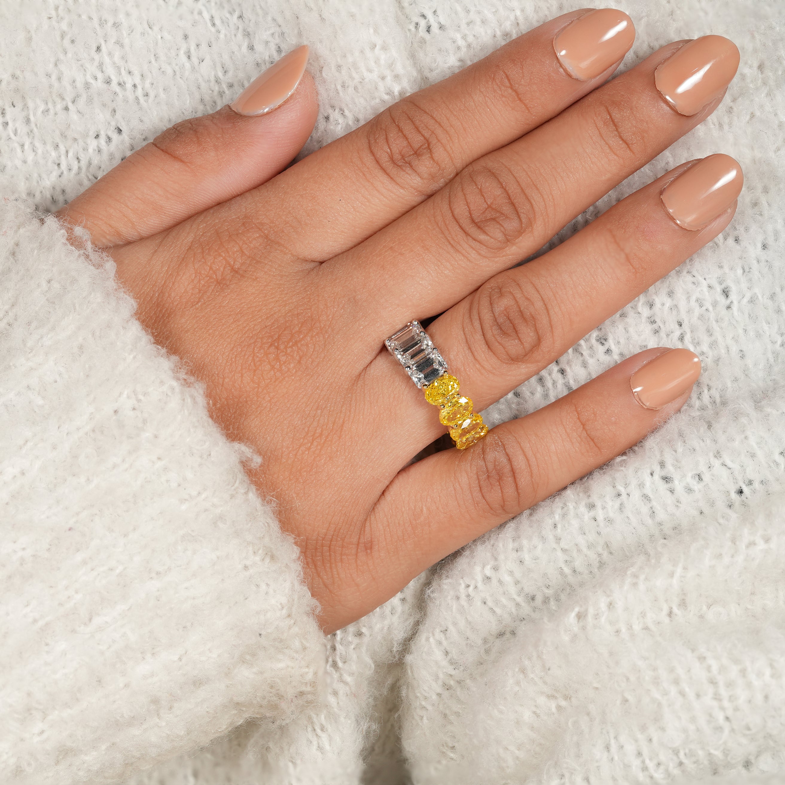 Bold Eternity Ring with Yellow Oval and Emerald Cut Diamonds