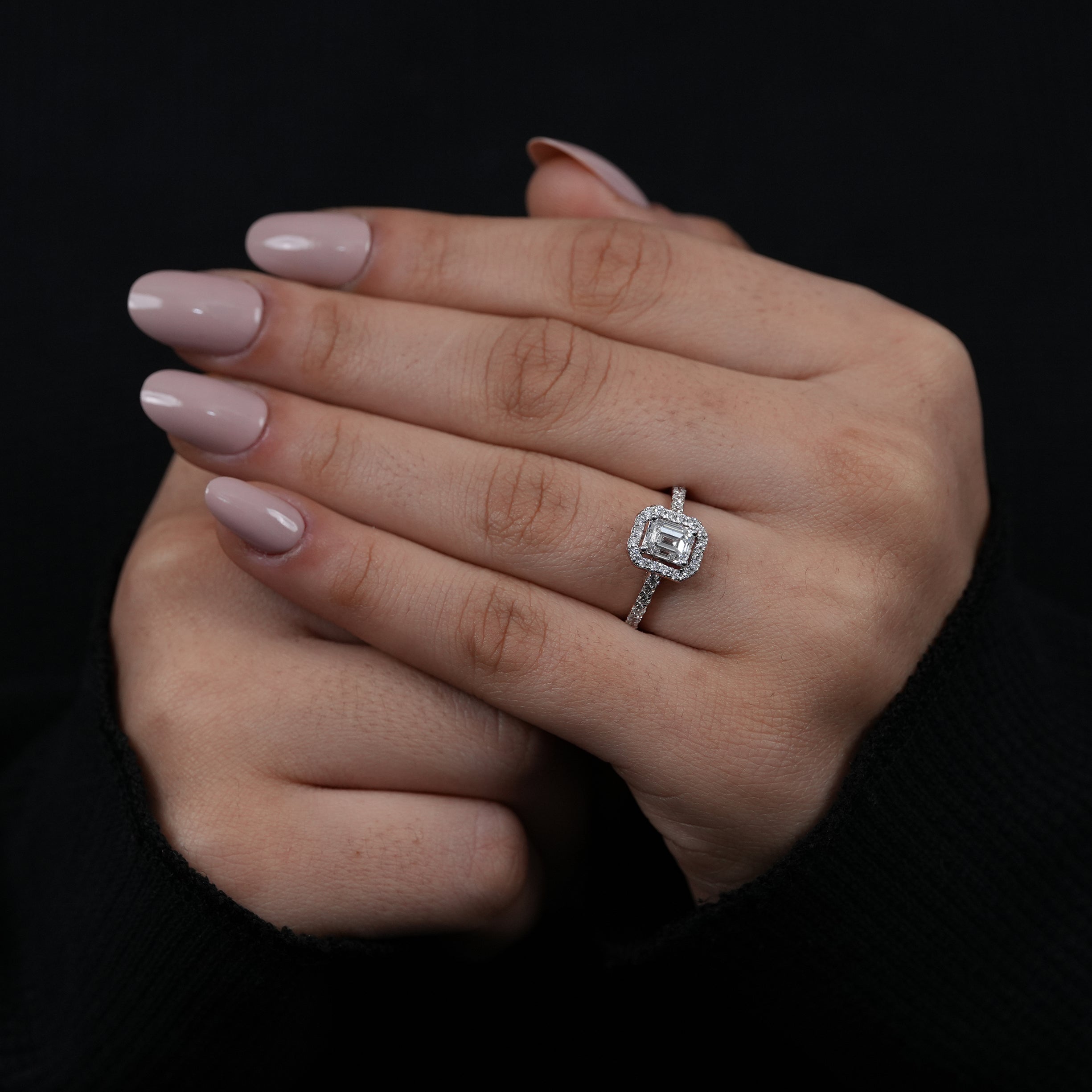 Emerald cut halo ring with lab grown diamond for romantic proposals