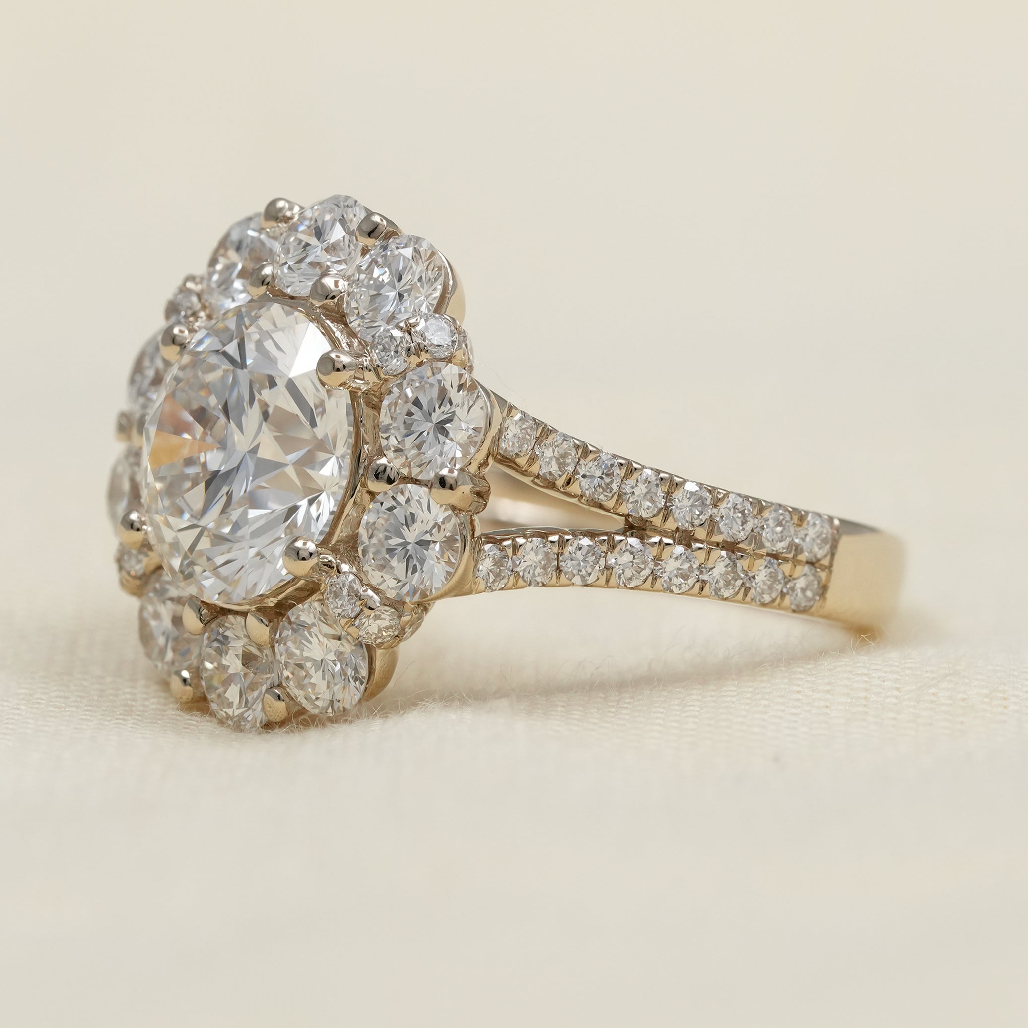 Round lab grown diamond ring with large floral halo setting