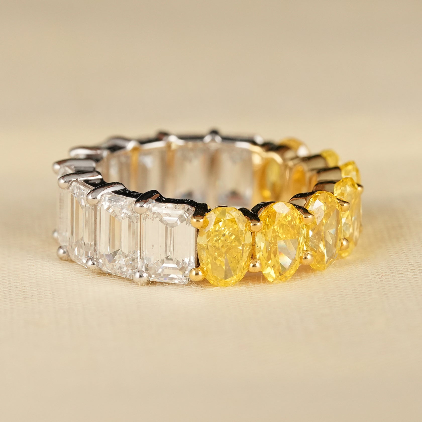 Emerald Cut and Yellow Oval Lab Diamond Two Tone Eternity Band