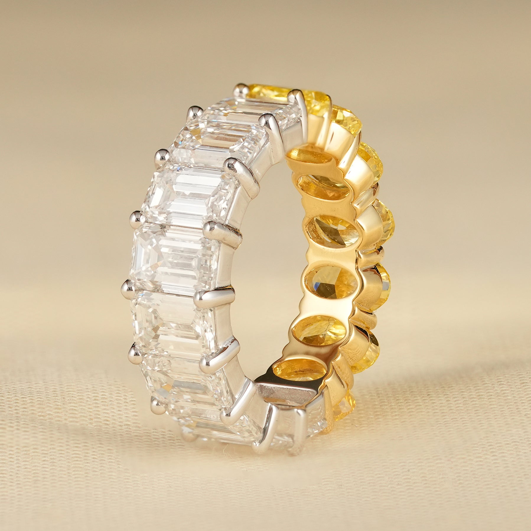 Two Tone Diamond Wedding Band with Emerald and Oval Lab Diamonds