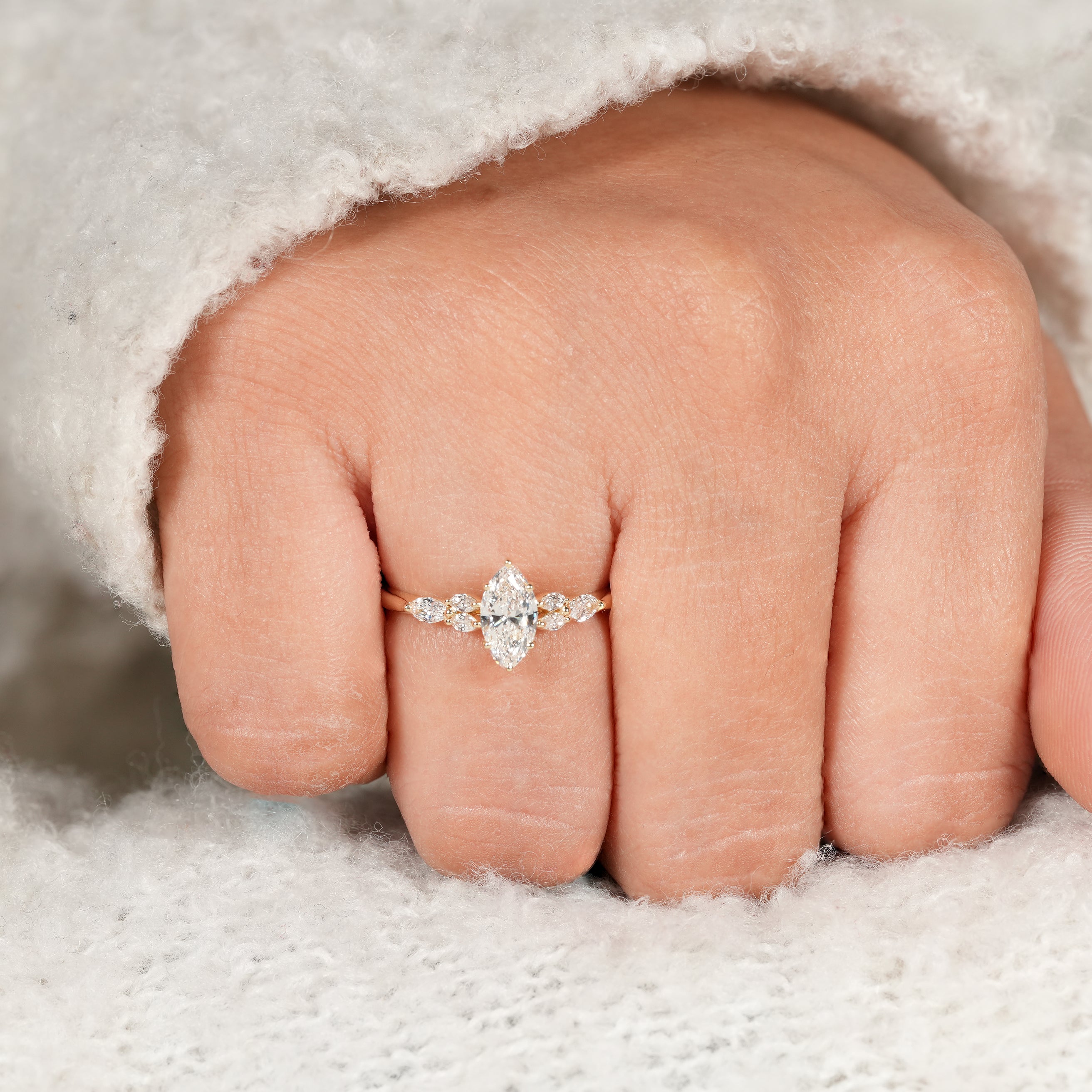 Romantic Marquise Cut Engagement Ring with Petite Diamond Cluster