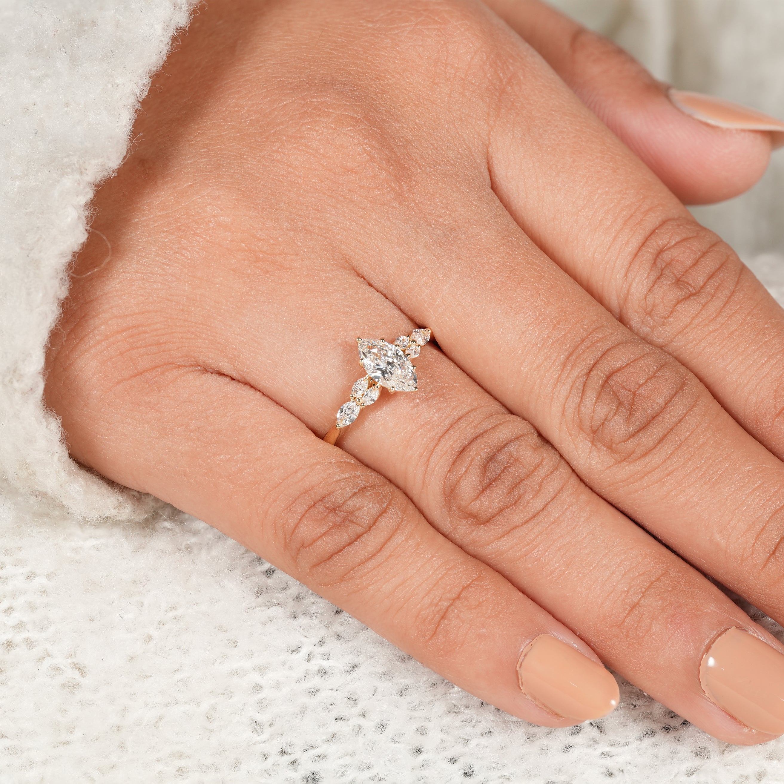 Classic Marquise Lab Diamond Solitaire Ring with Floral Details