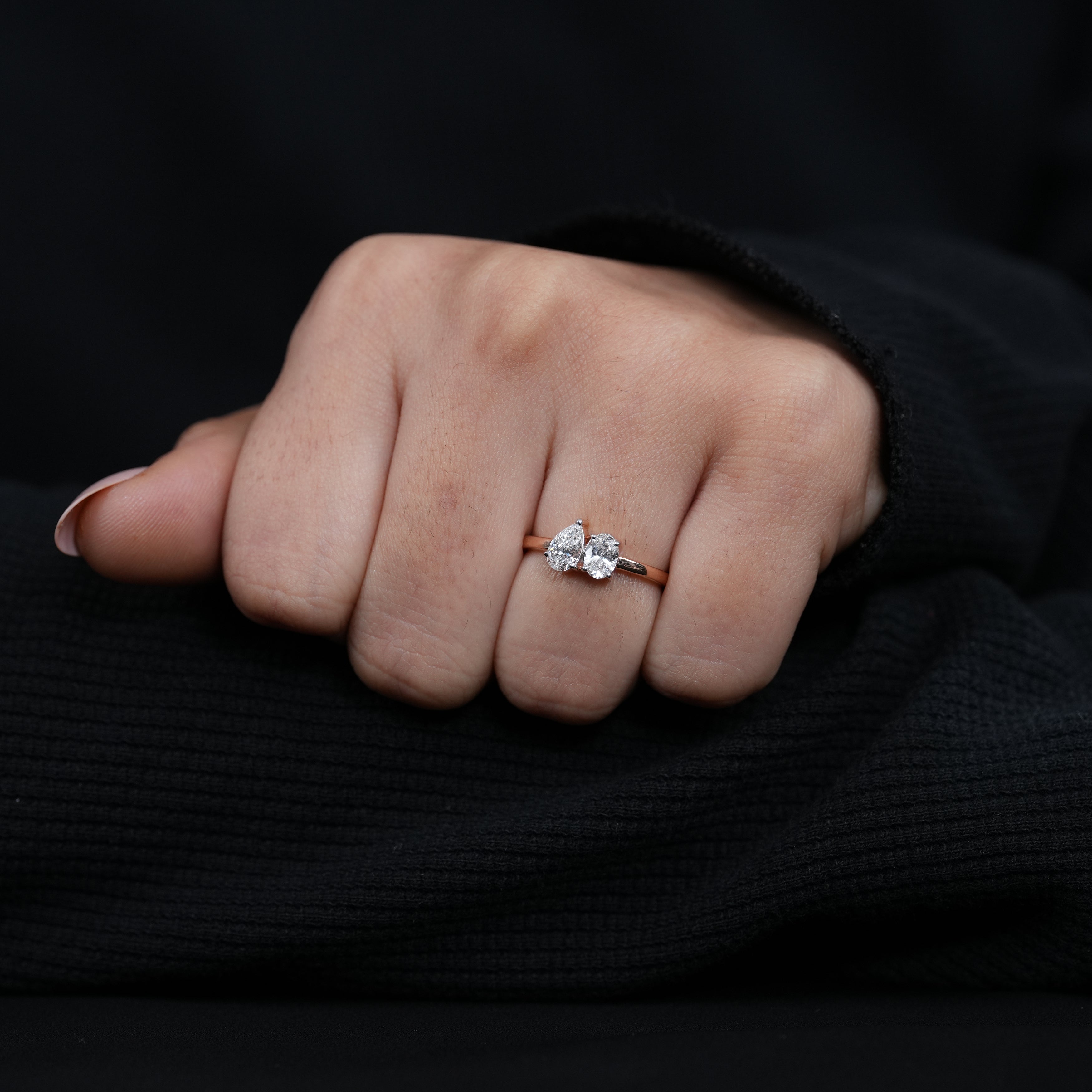 Two stone engagement ring with pear oval lab grown diamond elegance