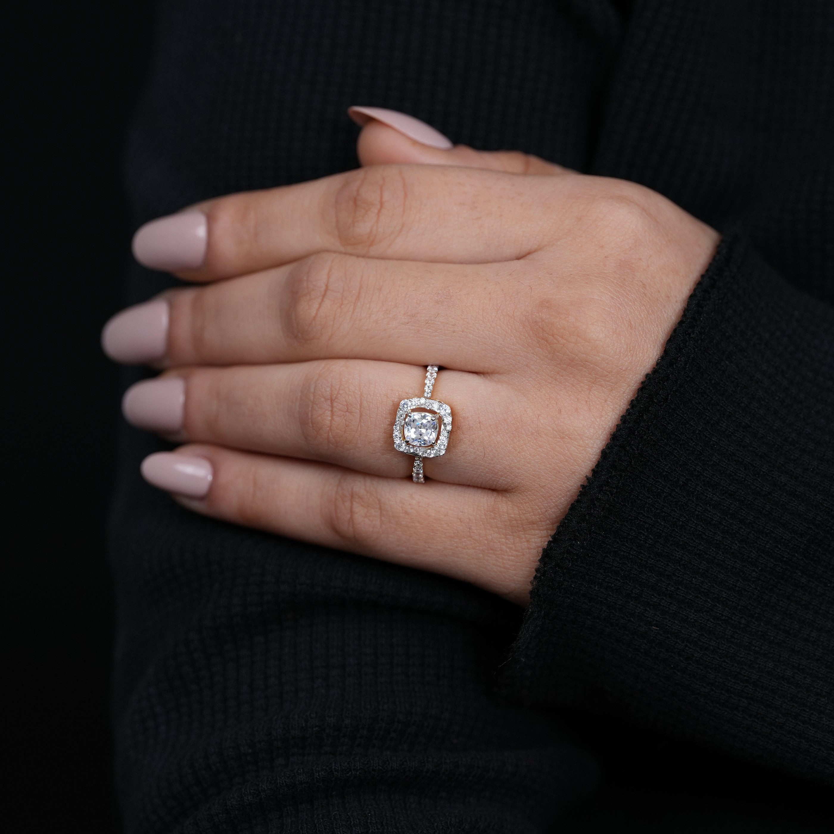 Round lab grown diamond ring with cushion halo and side stones