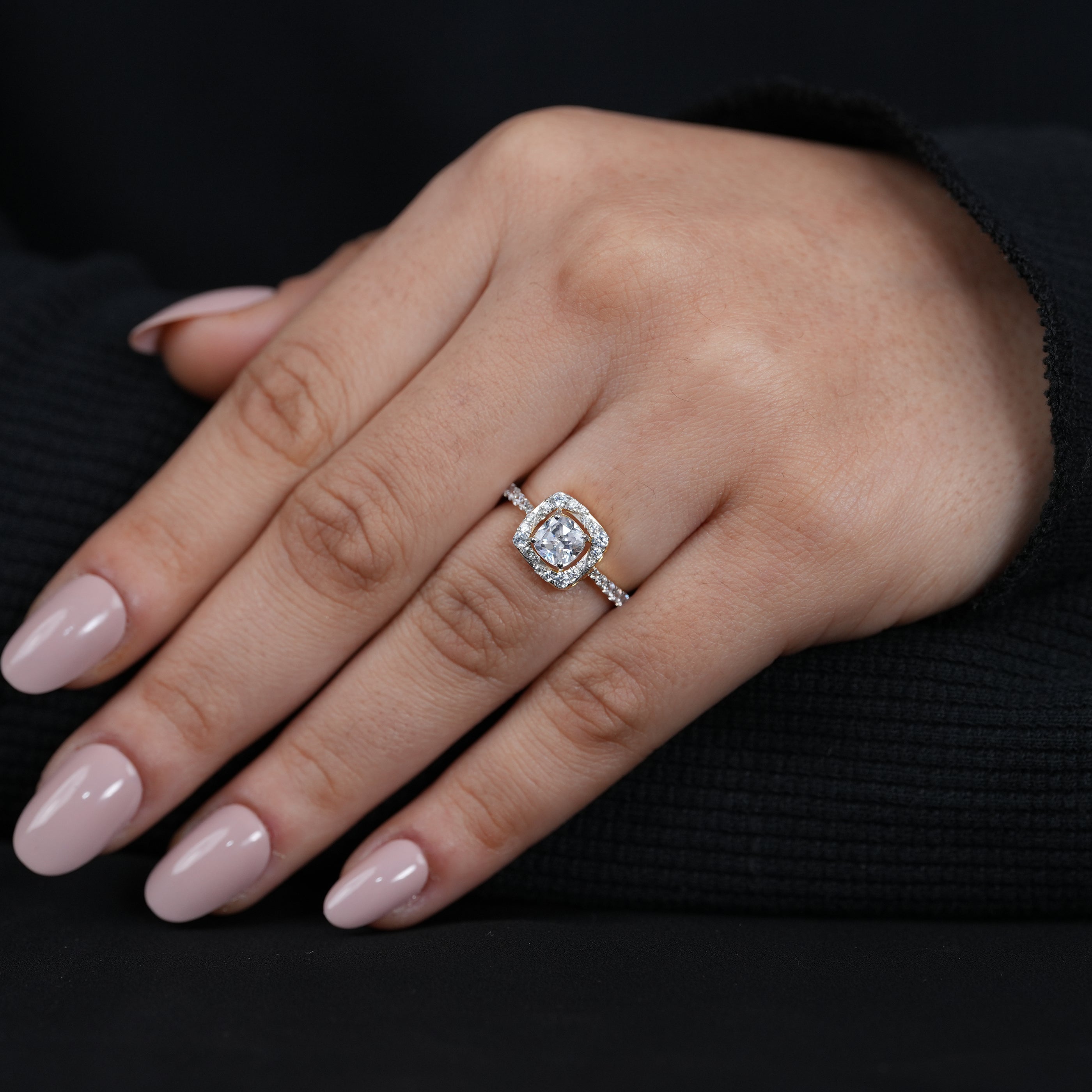 Round lab grown diamond halo ring with slim gold band