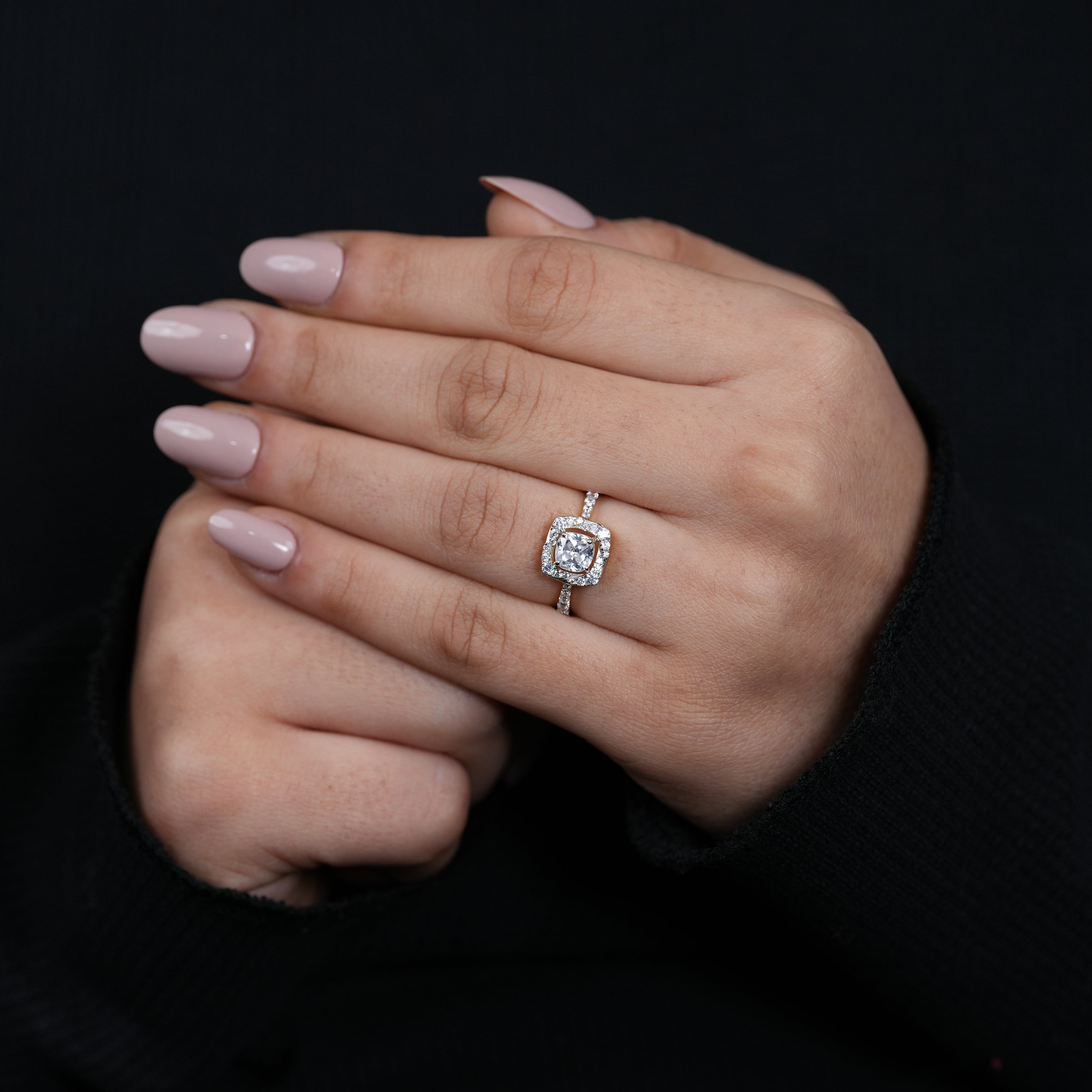 Round lab grown diamond halo bridal ring with pavé accents