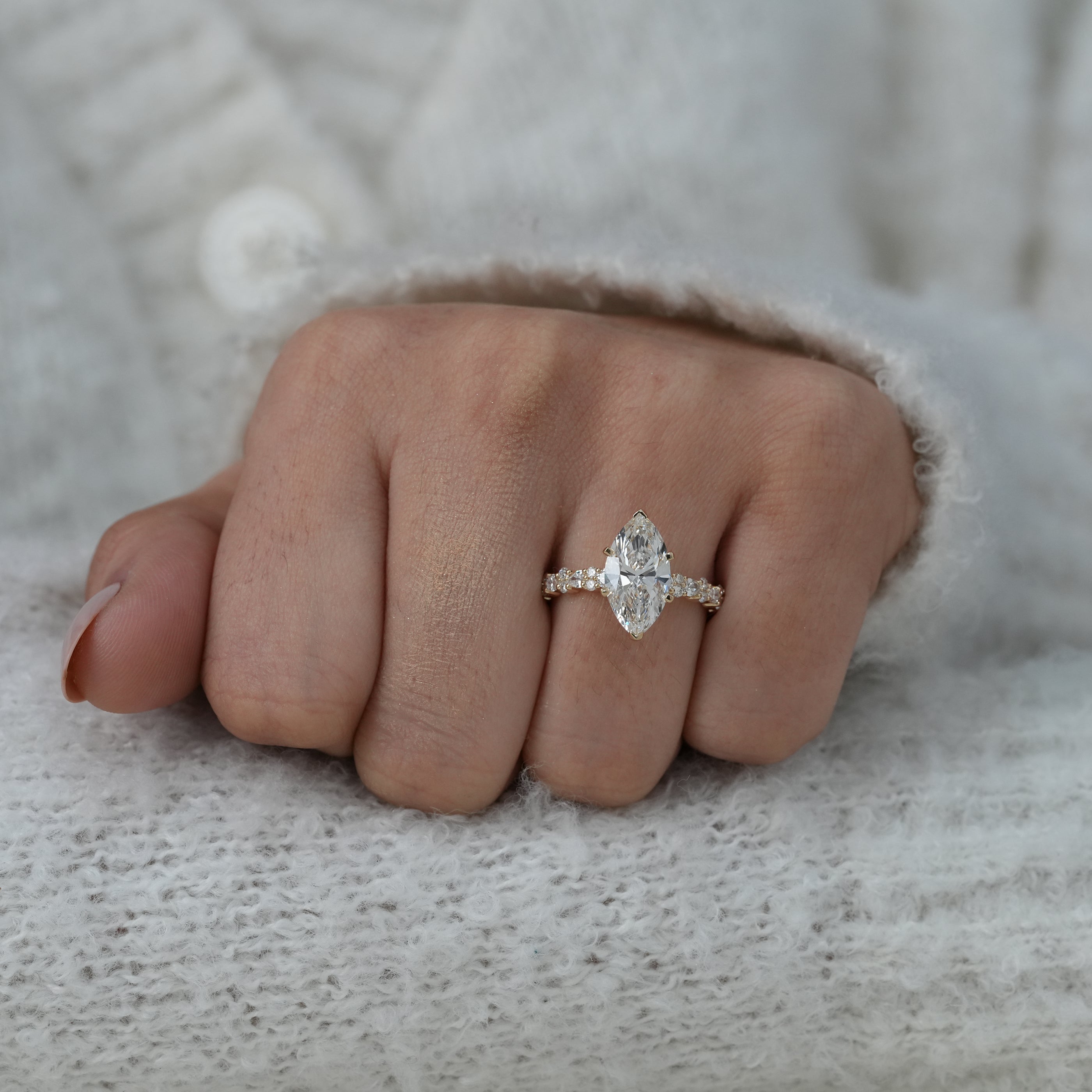 Classic marquise lab grown diamond ring in polished gold