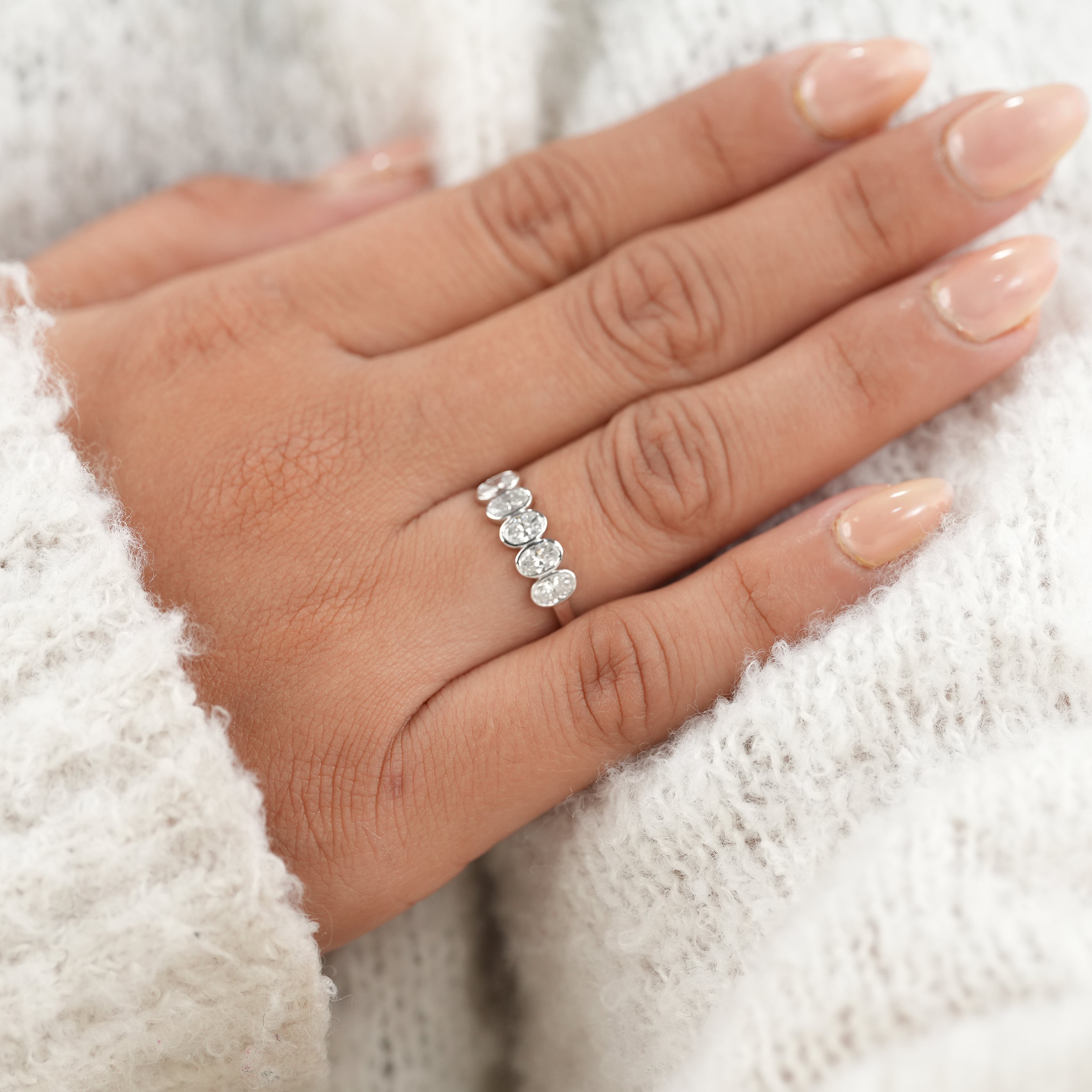 Bezel Five Stone Oval Lab Diamond Wedding Band