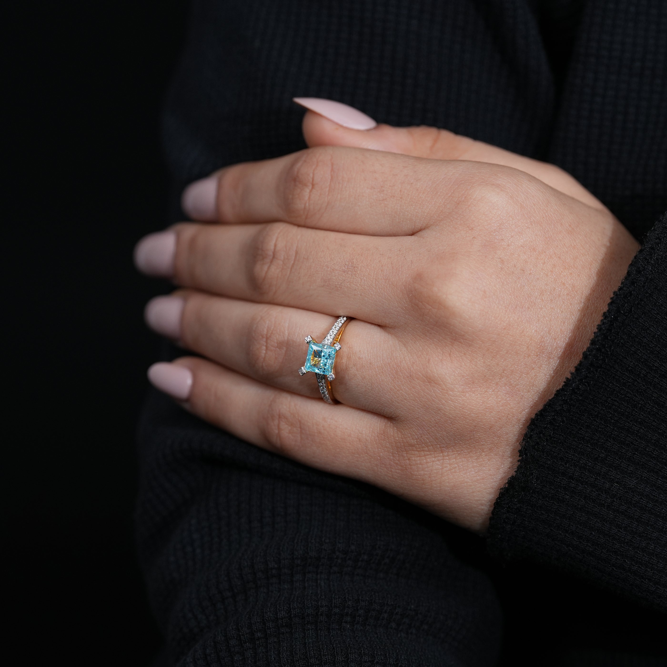 Princess cut lab grown diamond ring with pavé shoulder sparkle