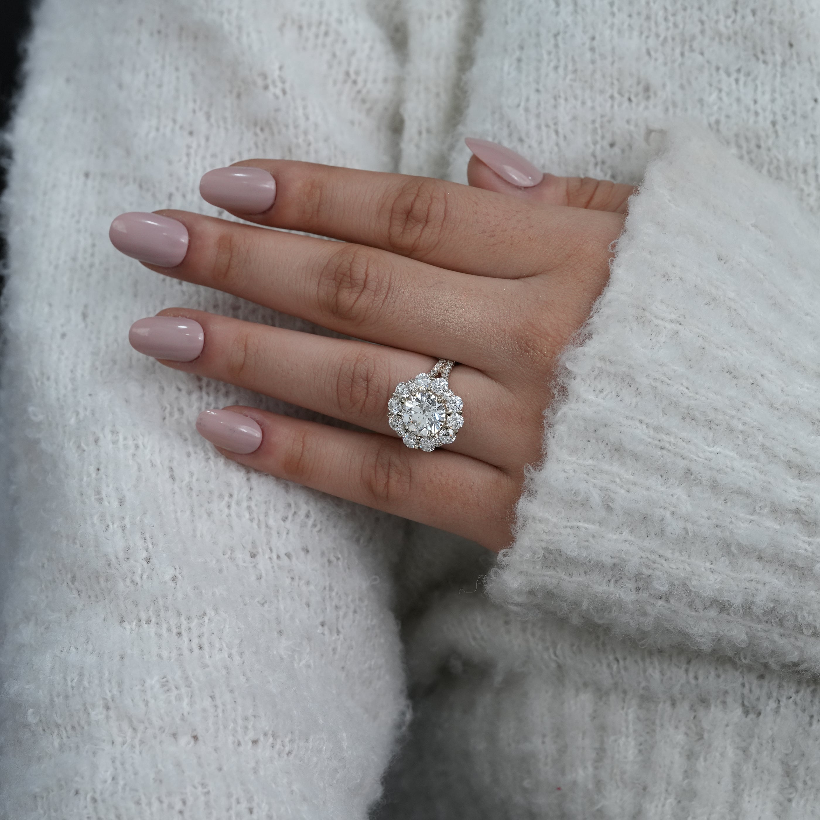 Round lab grown diamond cluster halo ring with pavé band