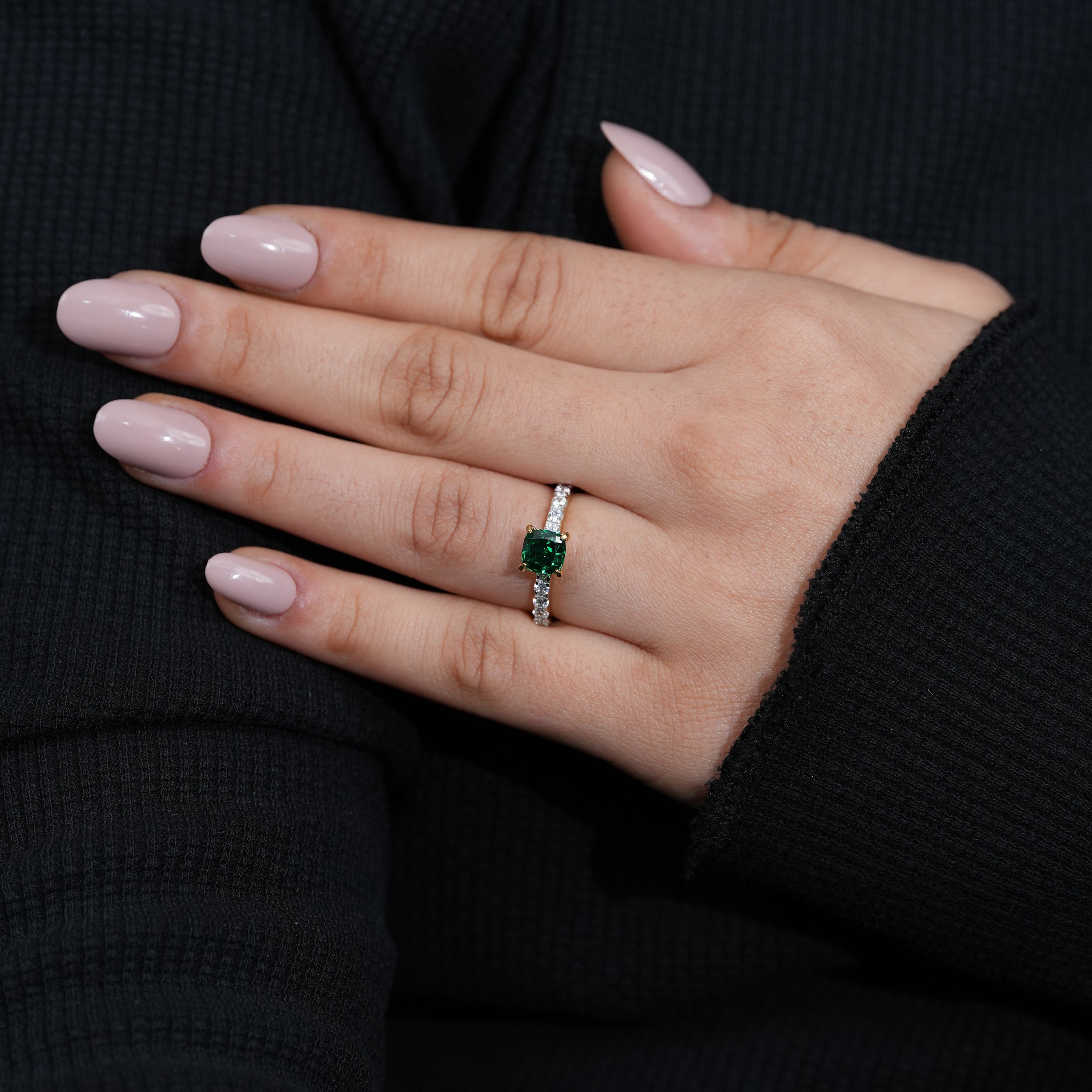 Modern cushion lab grown diamond ring with brilliant pavé setting