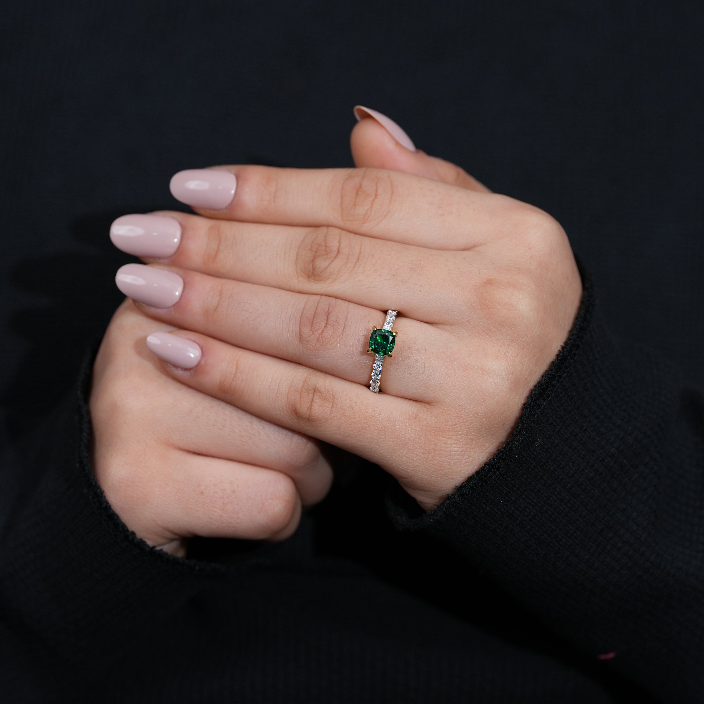 Sophisticated green lab grown diamond ring with shimmering side diamonds