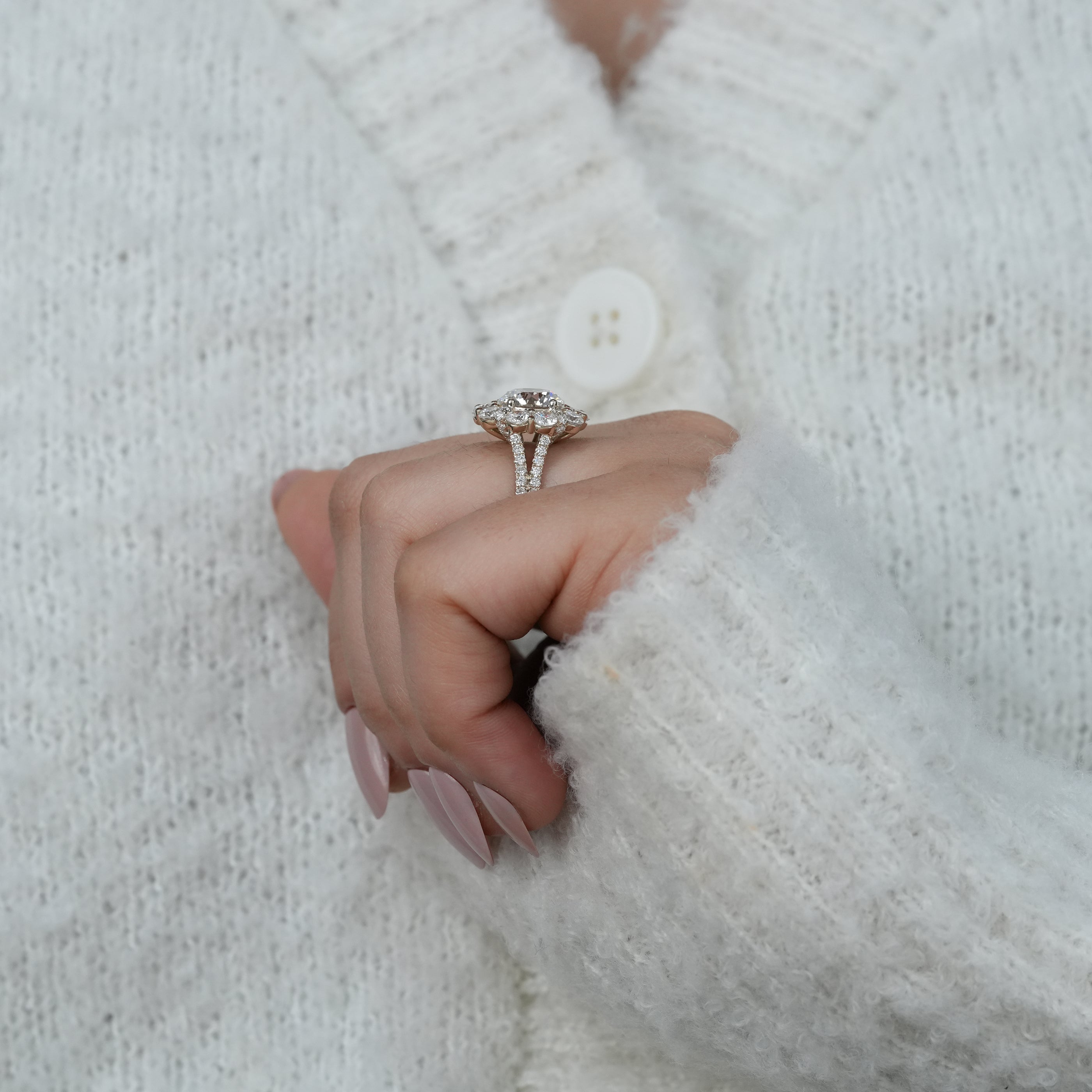 Classic round lab grown diamond floral halo ring