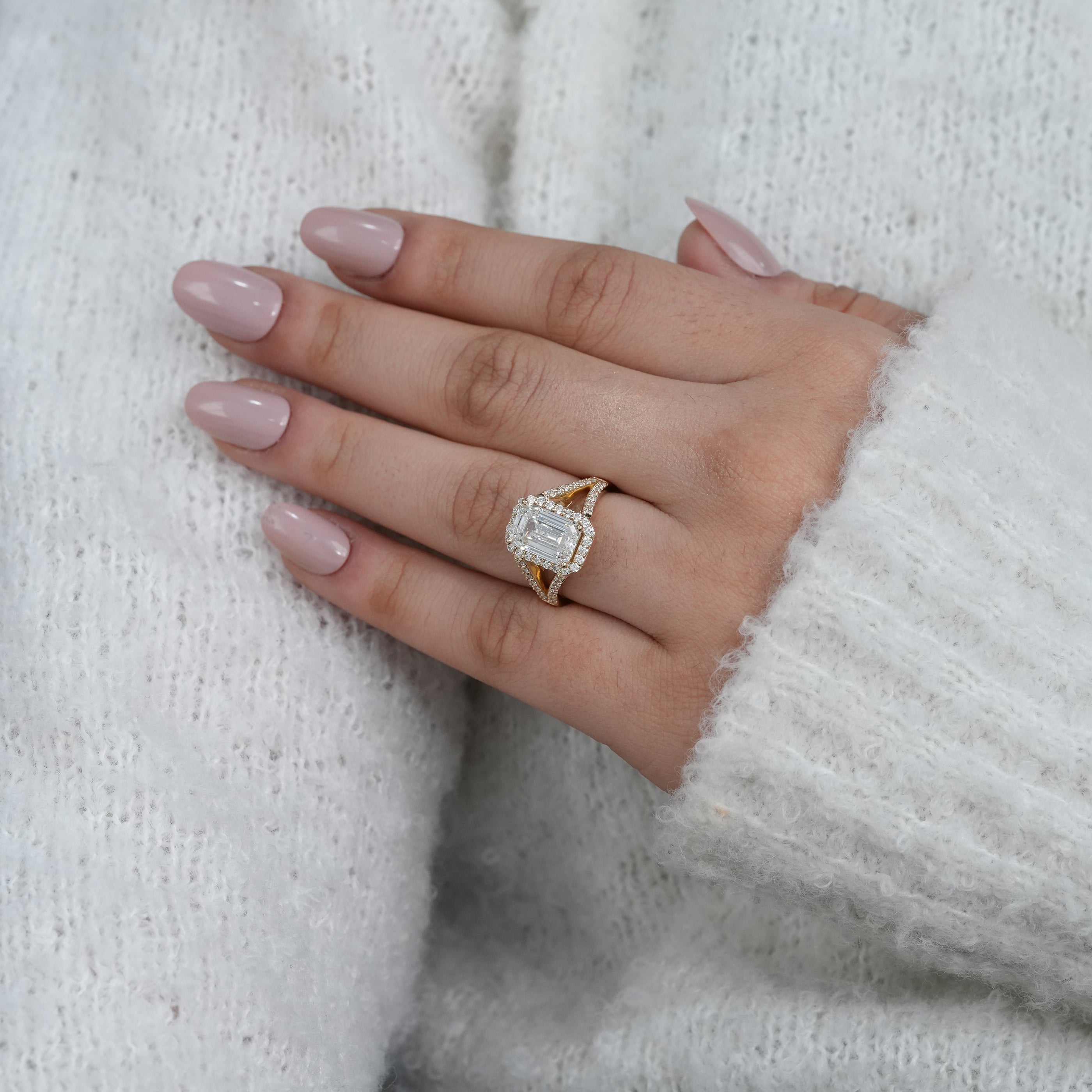 Luxury emerald lab grown diamond engagement ring with halo