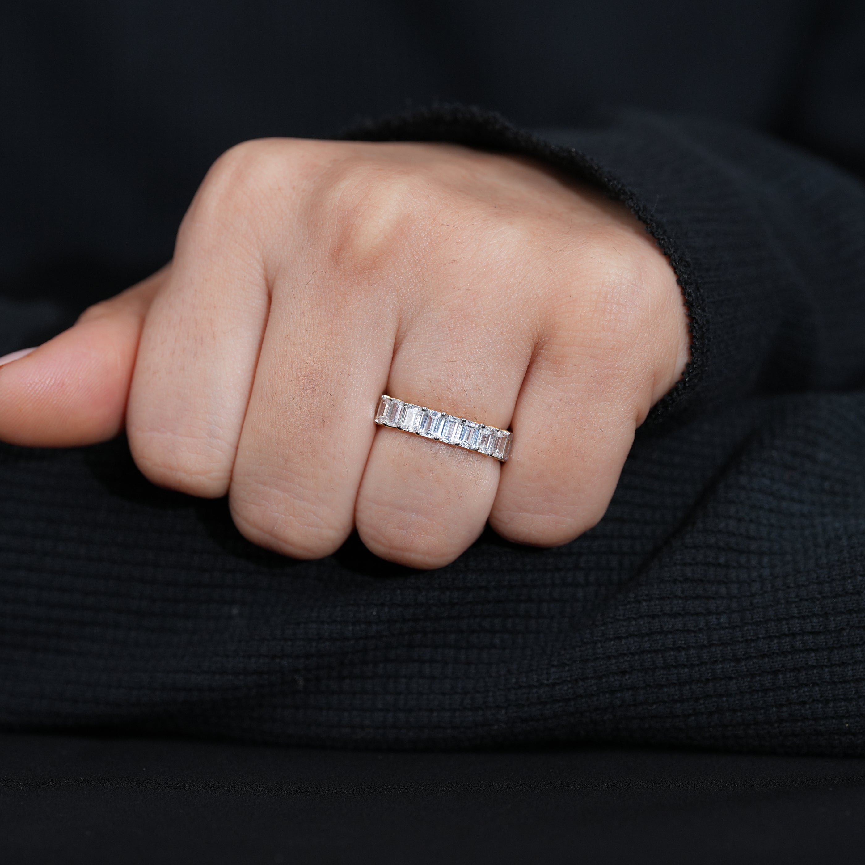 Emerald cut lab grown diamond wedding eternity band